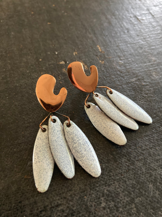 Copper Enamel Speckled White Dangle Earrings