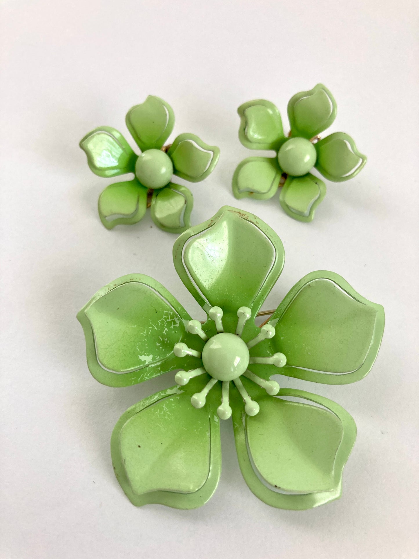 Green Enamel Flower Pin and Earrings Set
