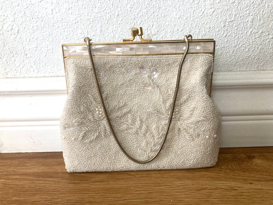 Vintage White Beaded Handbag w/ Mother of Pearl