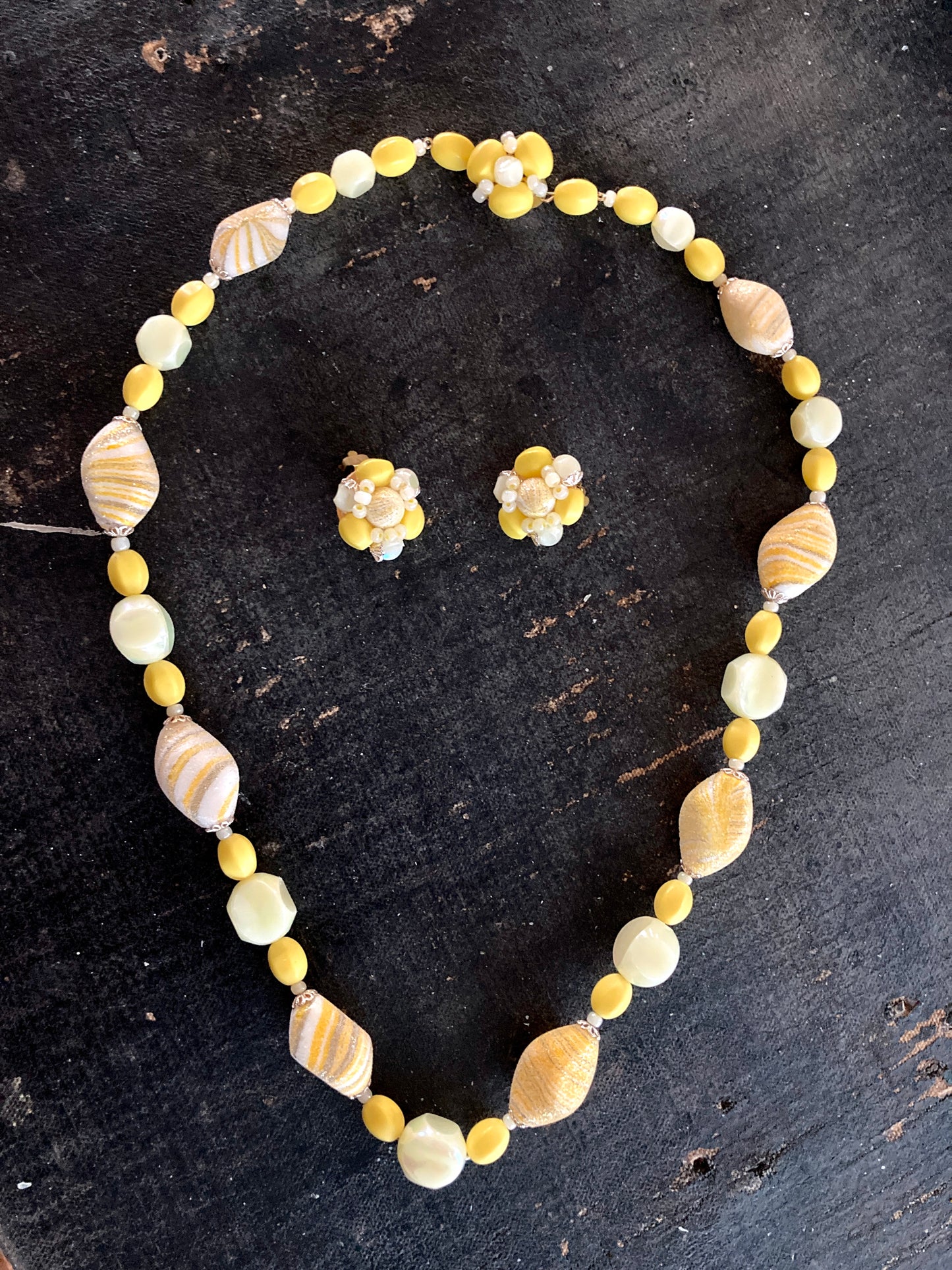 Lemon Yellow Beaded Necklace and Earrings Set 1960s West Germany