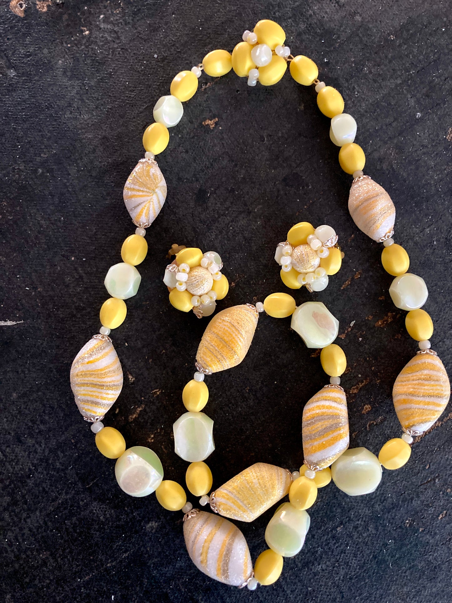 Lemon Yellow Beaded Necklace and Earrings Set 1960s West Germany