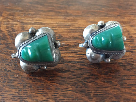 Silver and Green Onyx Warrior Face Earrings Mexico