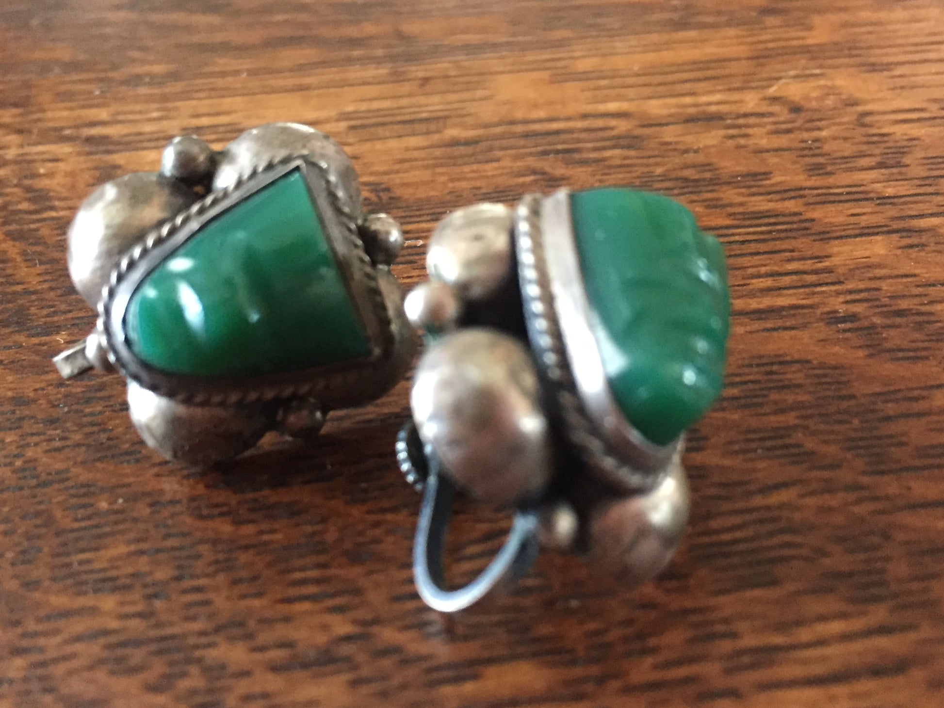 Silver and Green Onyx Warrior Face Earrings Mexico