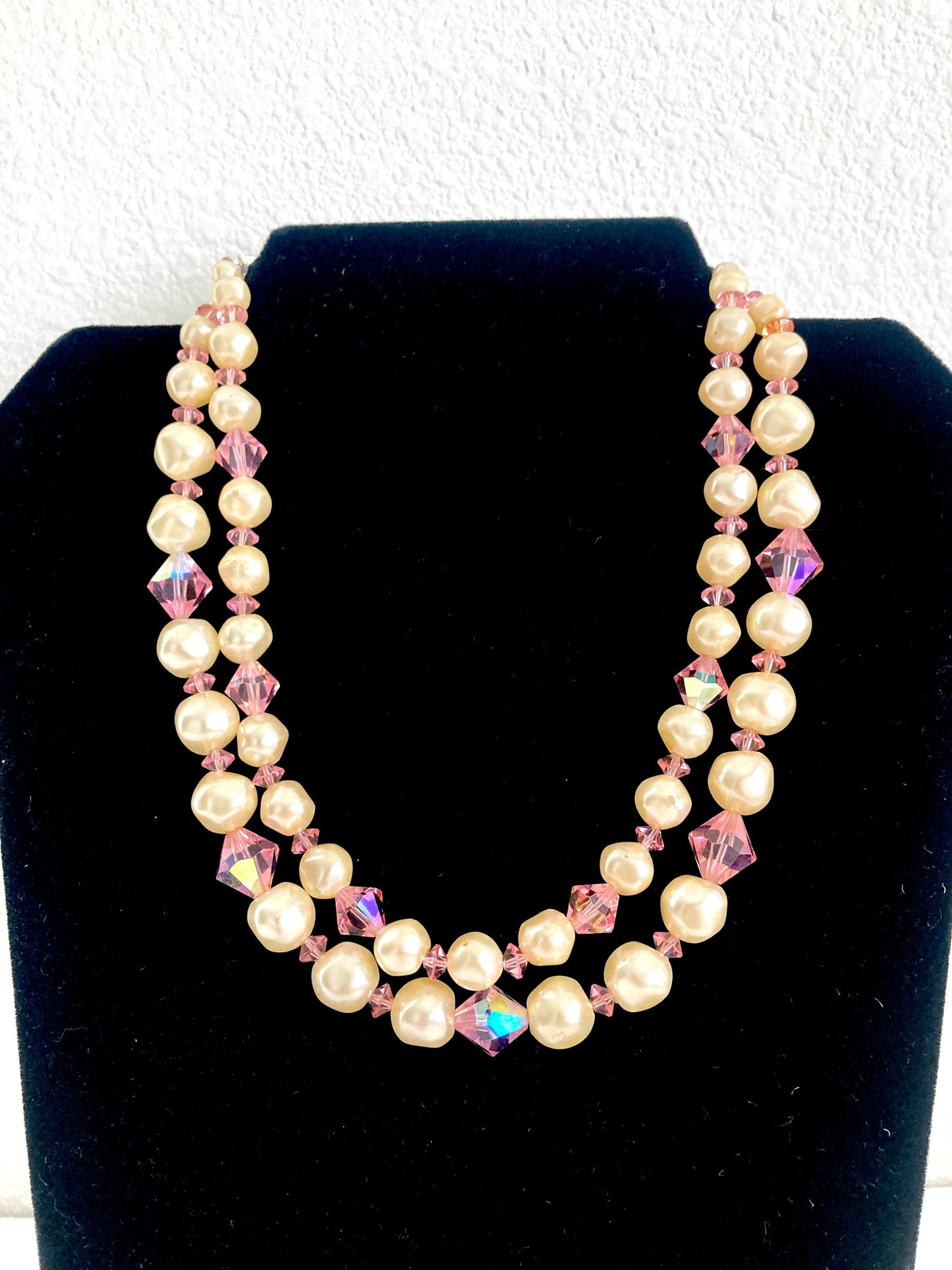 Faux Pearl and Pink Crystal Two Strand Necklace