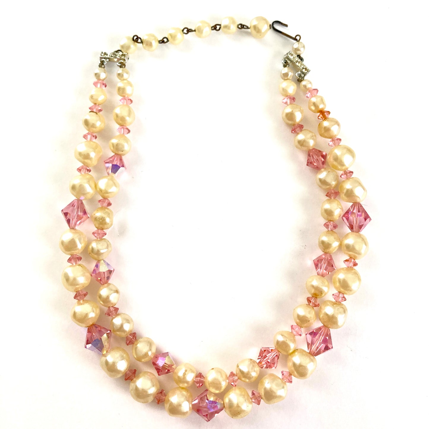 Faux Pearl and Pink Crystal Two Strand Necklace