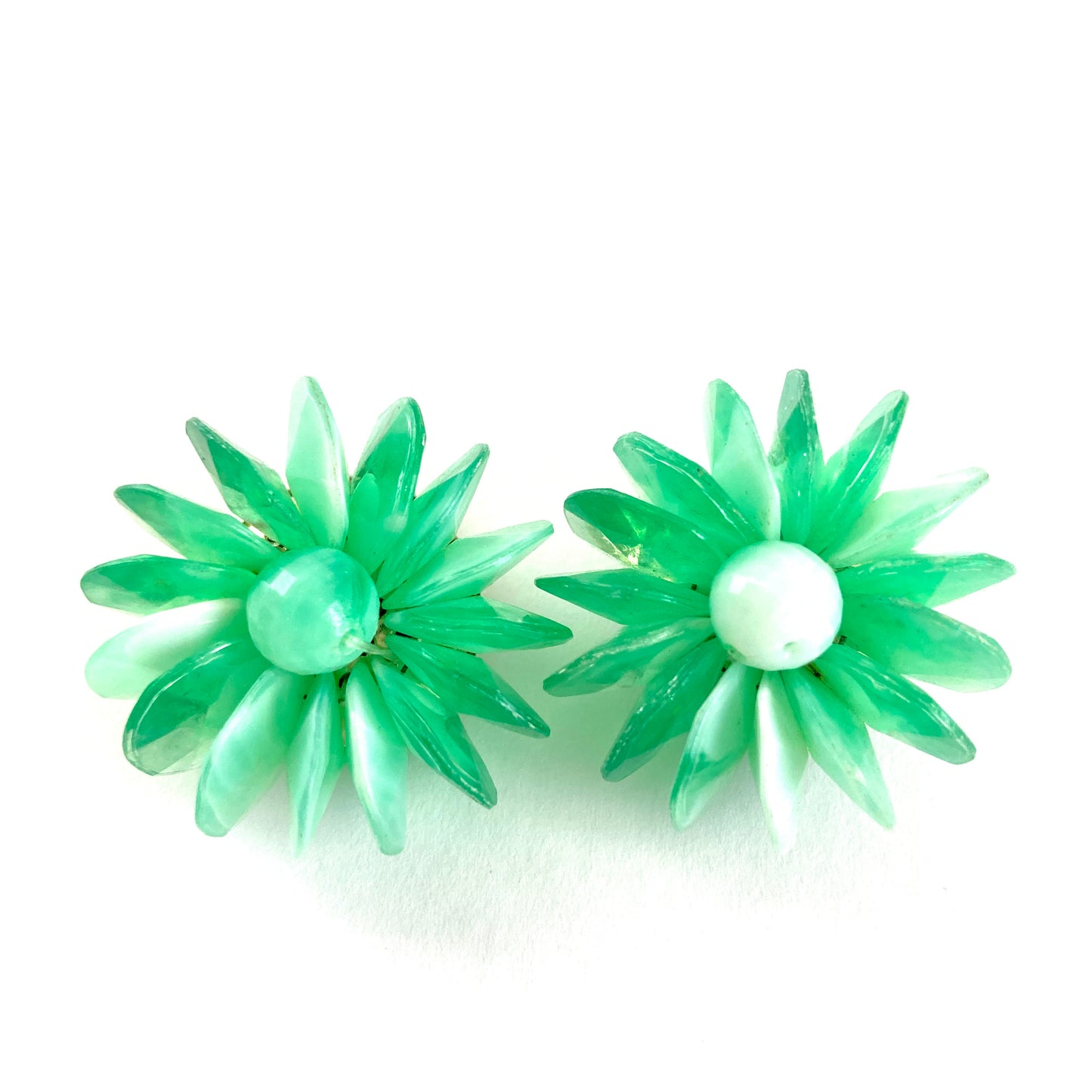 Green Beaded Flower Earrings Hong Kong Clip-on Style