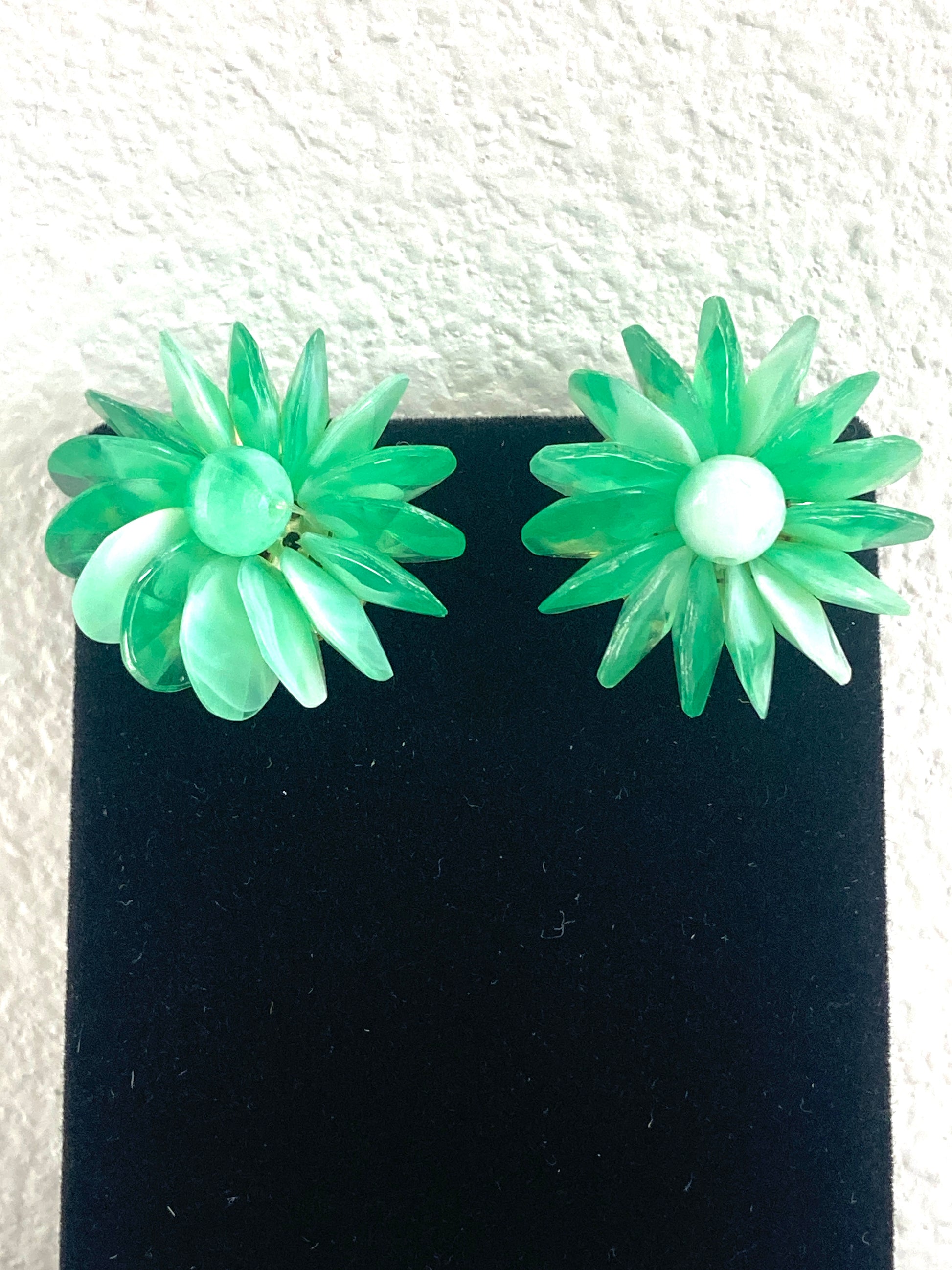 Green Beaded Flower Earrings Hong Kong Clip-on Style