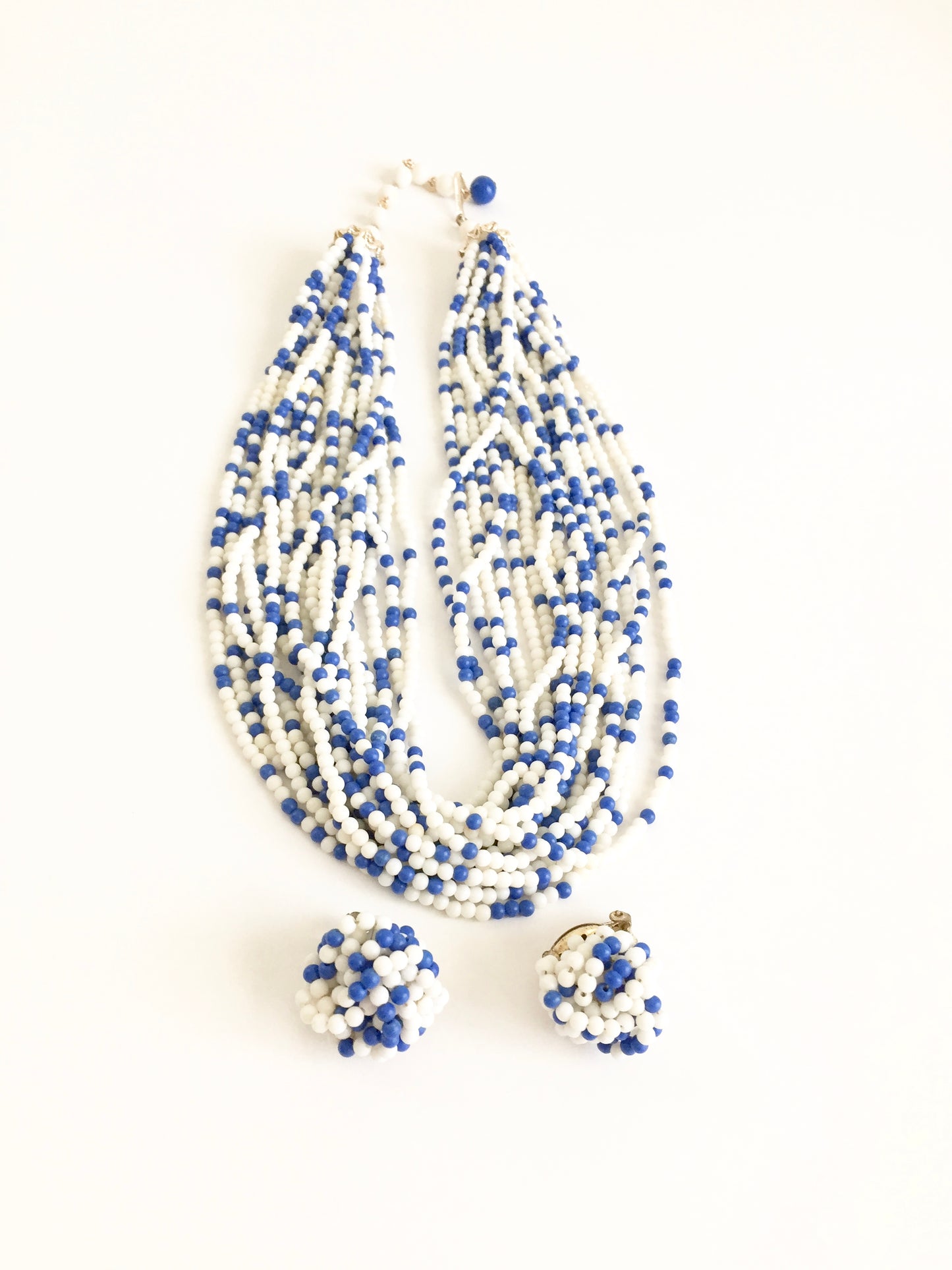Vintage 1960s Blue and White Beaded Multi Strand Necklace with Matching Earrings
