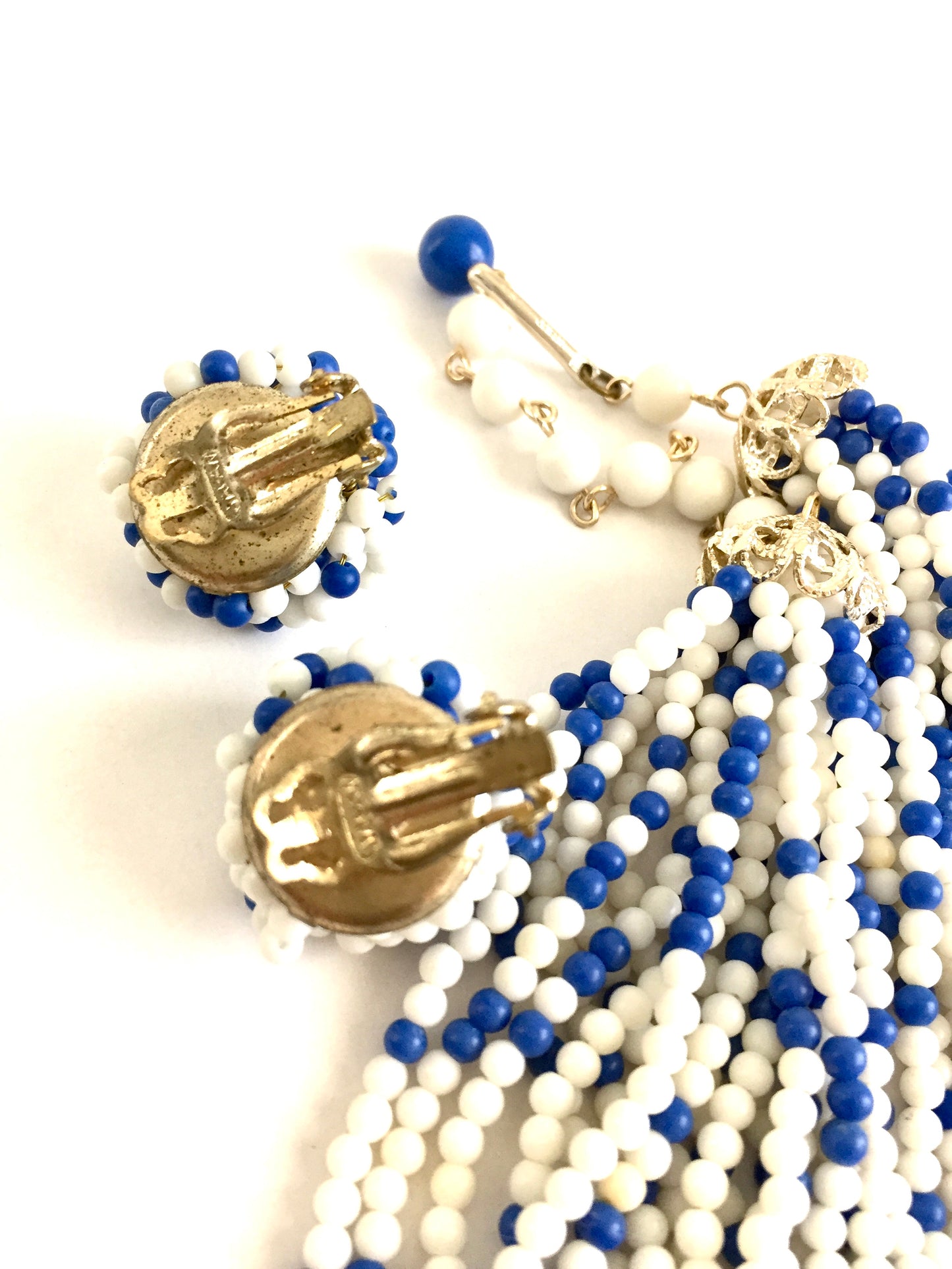 Vintage 1960s Blue and White Beaded Multi Strand Necklace with Matching Earrings