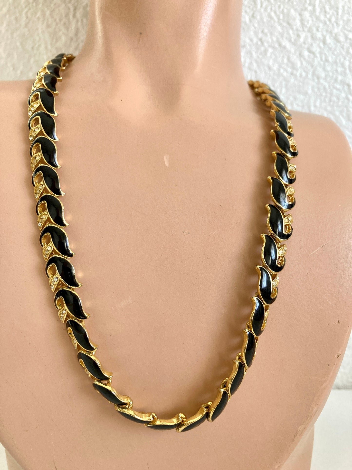 Black Enamel & Rhinestone Gold-tone Link Necklace