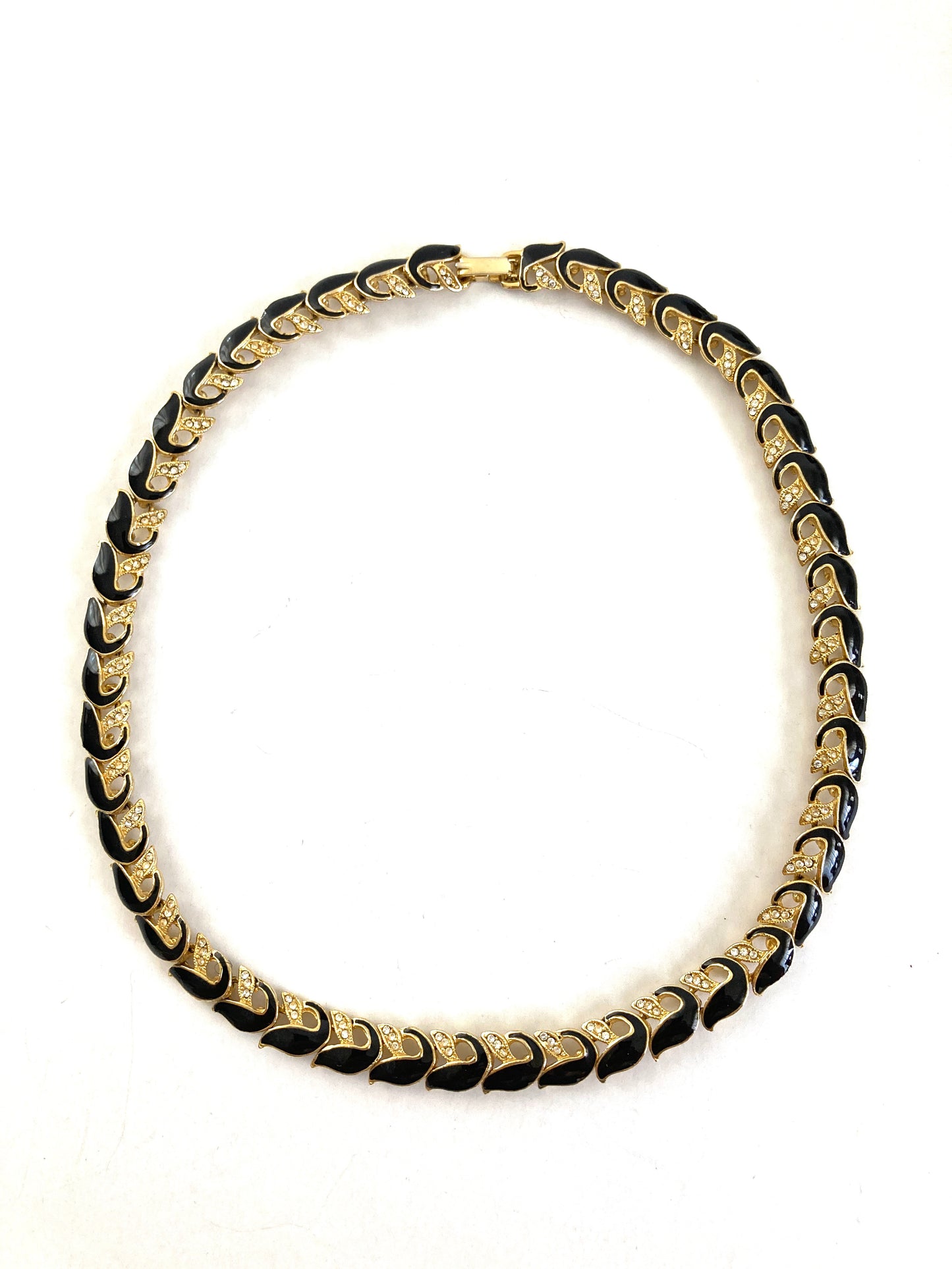 Black Enamel & Rhinestone Gold-tone Link Necklace