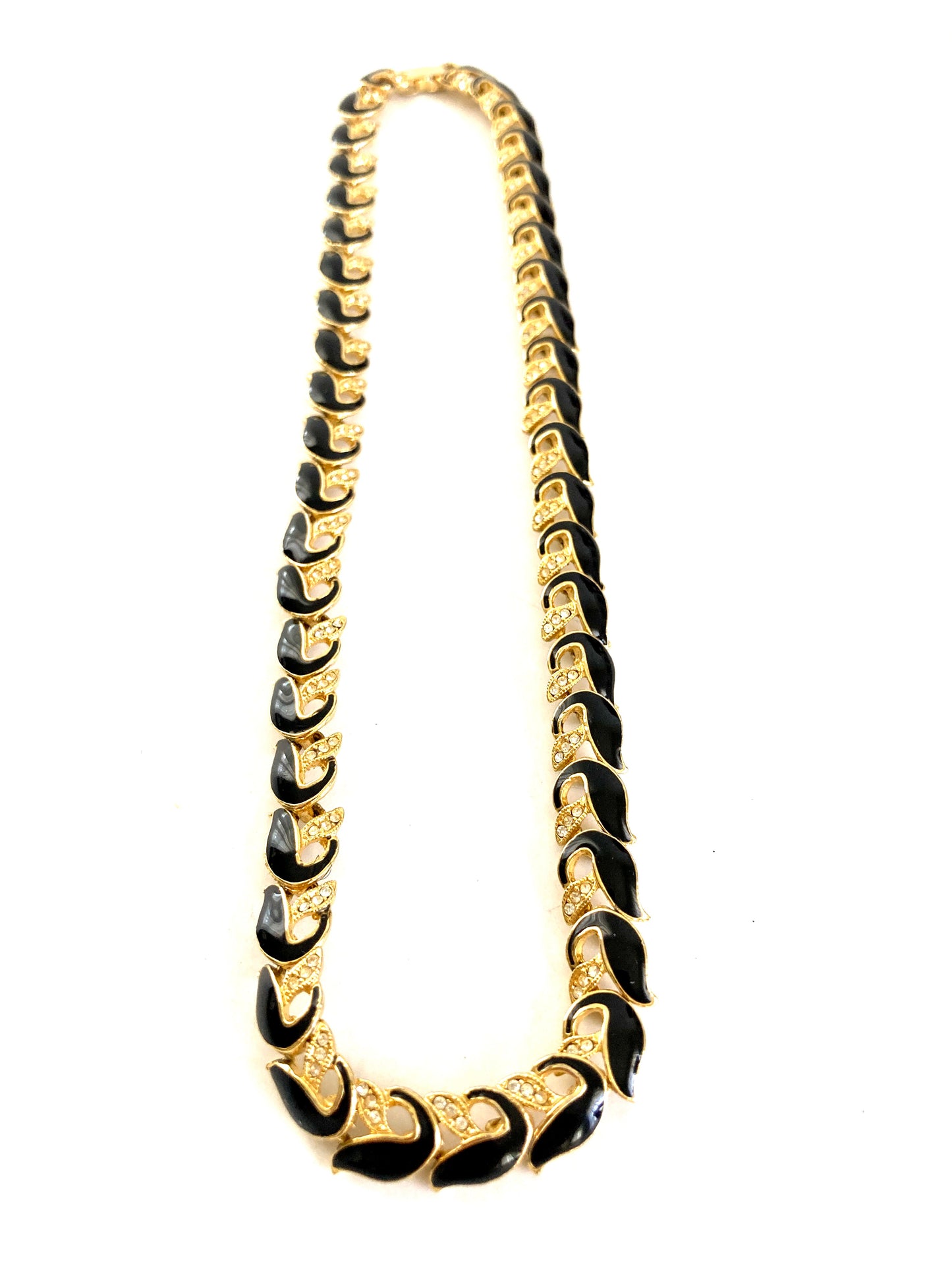 Black Enamel & Rhinestone Gold-tone Link Necklace