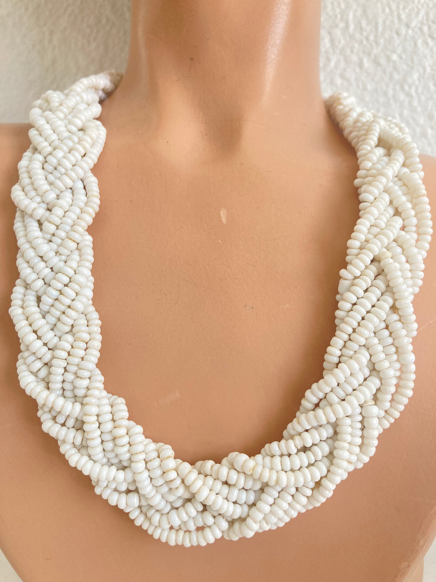Braided White Glass Beaded Necklace Vintage Seed Beads