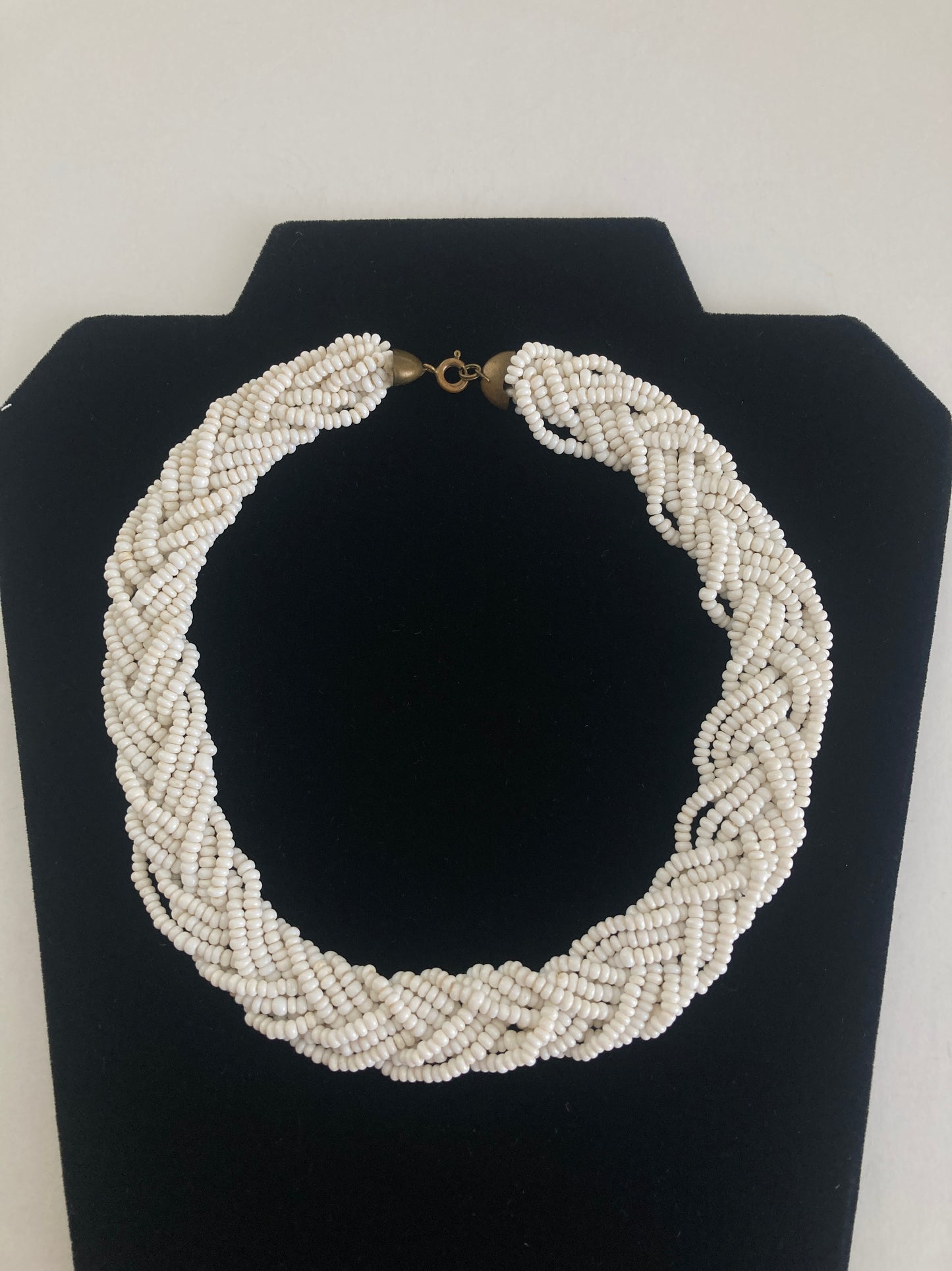 Braided White Glass Beaded Necklace Vintage Seed Beads