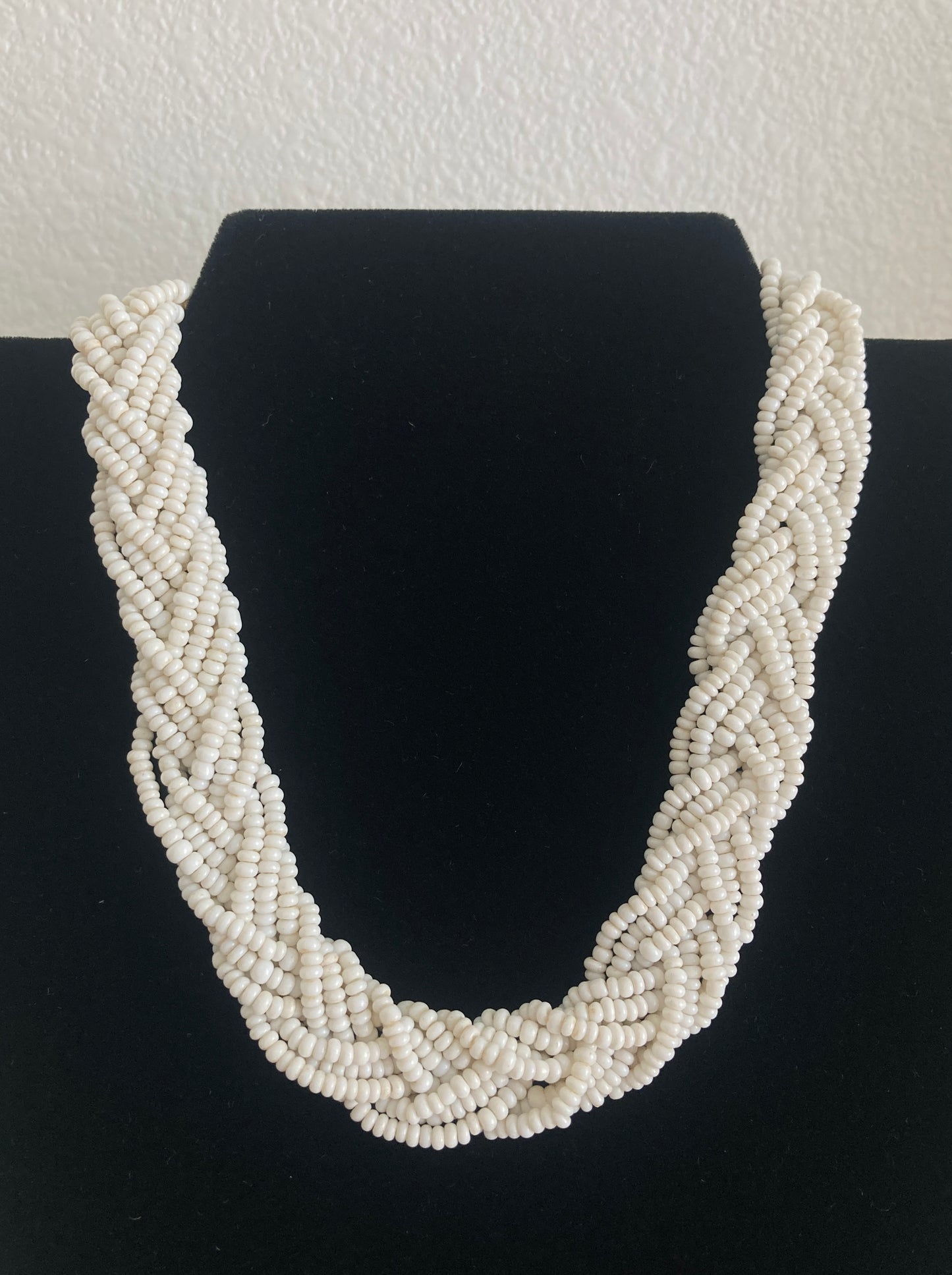 Braided White Glass Beaded Necklace Vintage Seed Beads