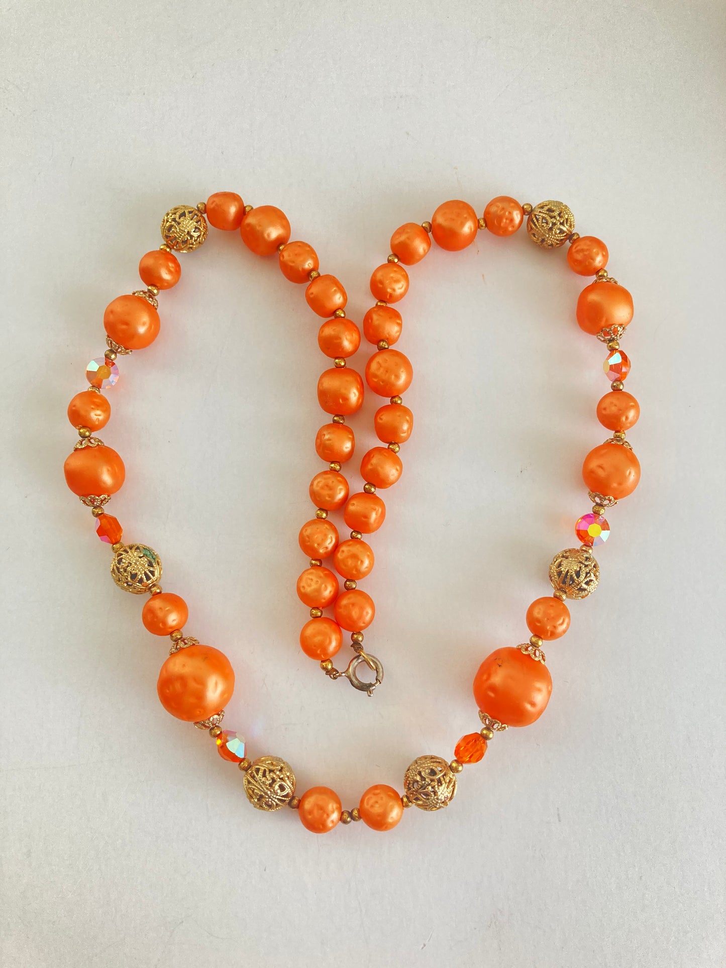 Mid Century Orange Beaded Necklace w/ Gold Filigree & AB Crystals