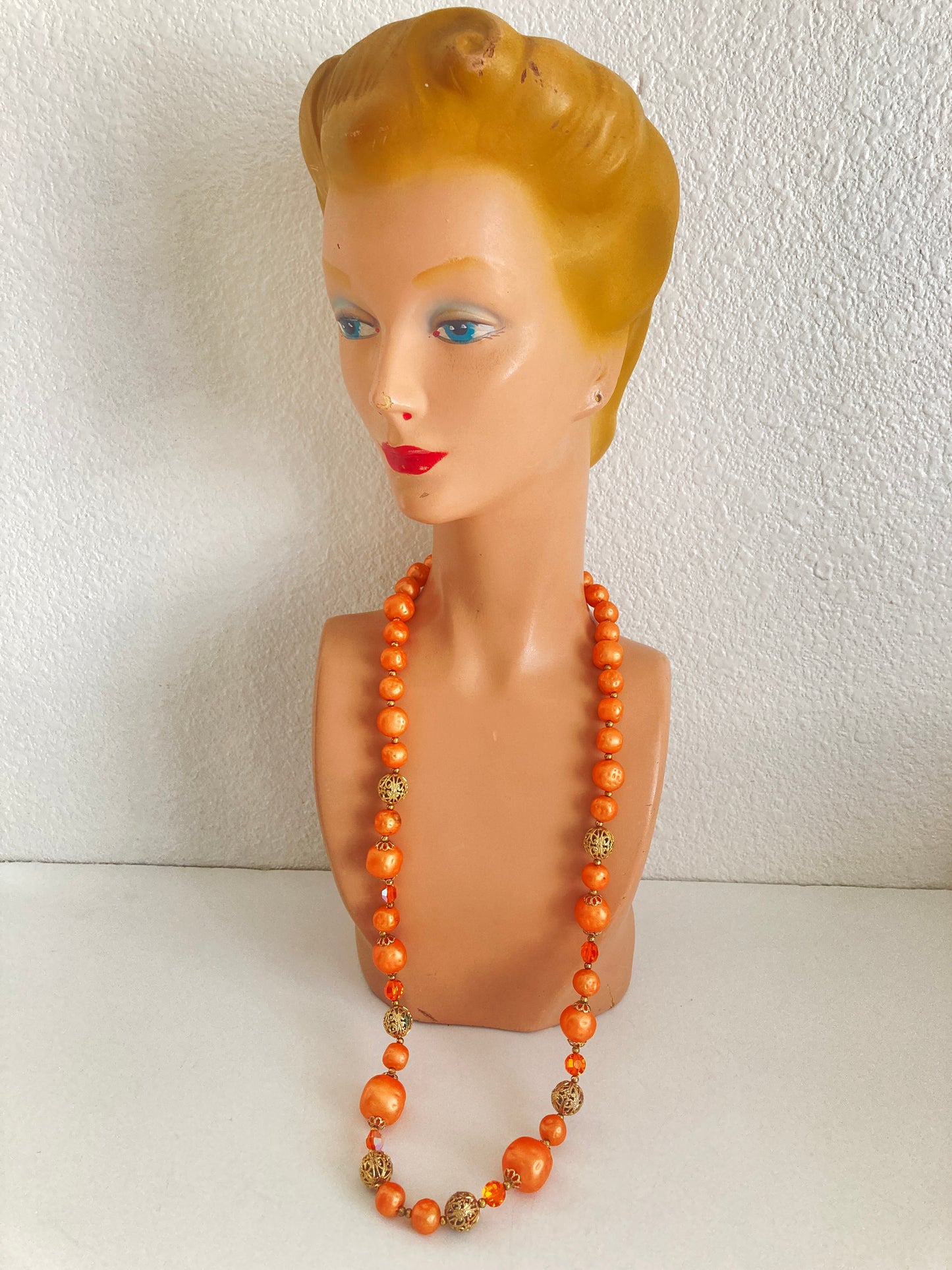 Mid Century Orange Beaded Necklace w/ Gold Filigree & AB Crystals