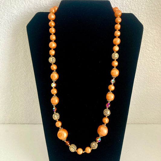 Mid Century Orange Beaded Necklace w/ Gold Filigree & AB Crystals