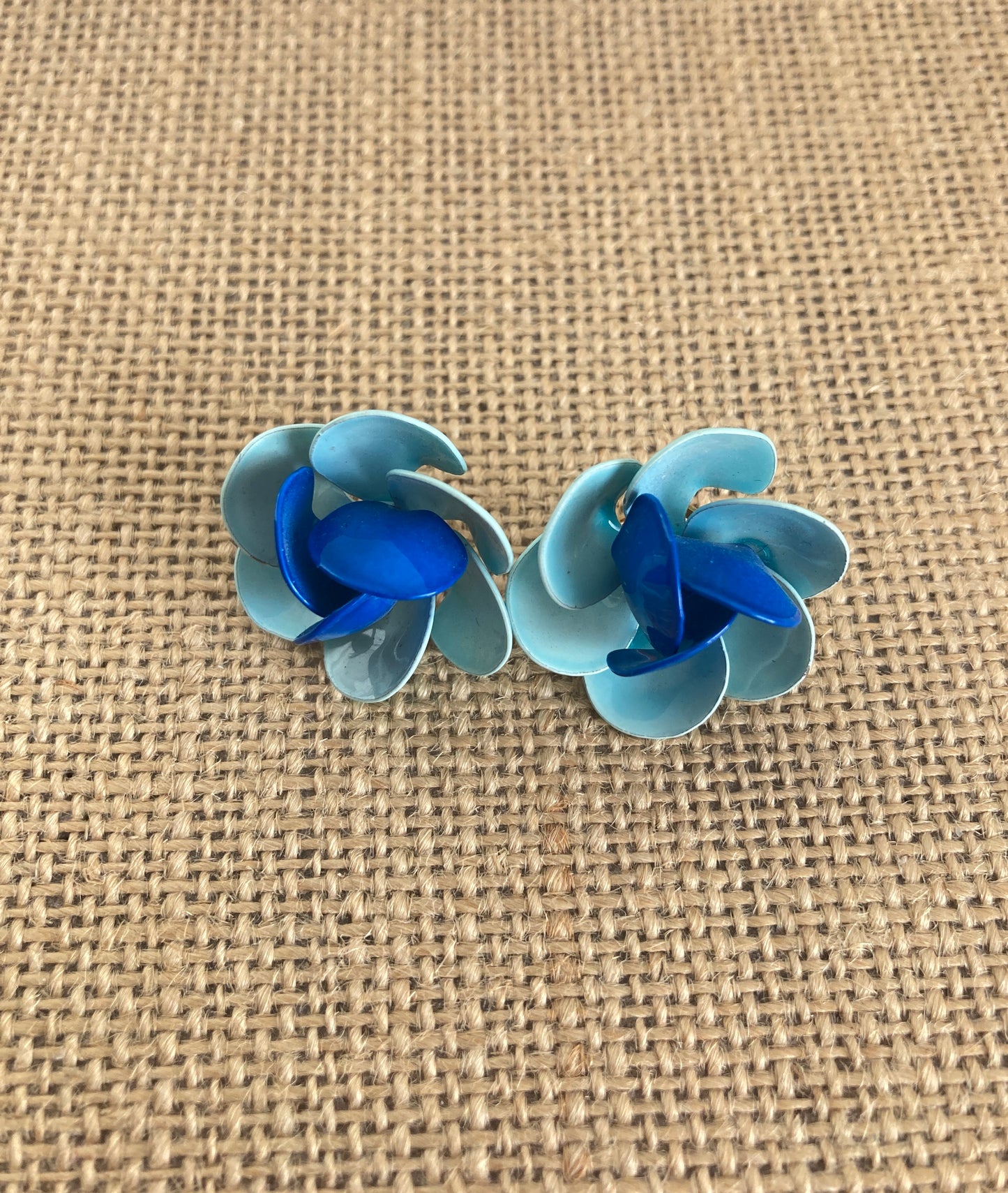 Two Tone Blue Enamel Flower Earrings Clip-on Style