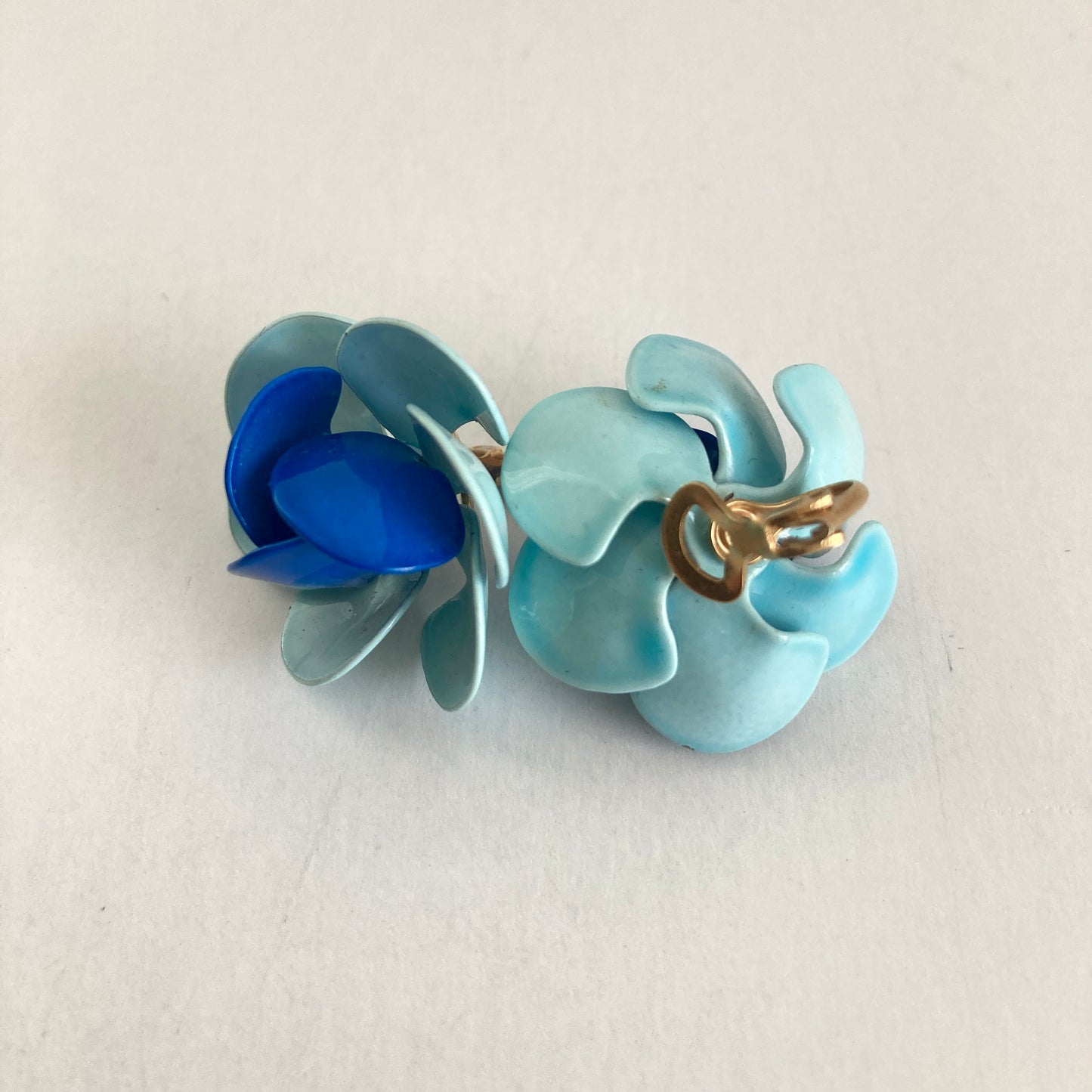 Two Tone Blue Enamel Flower Earrings Clip-on Style