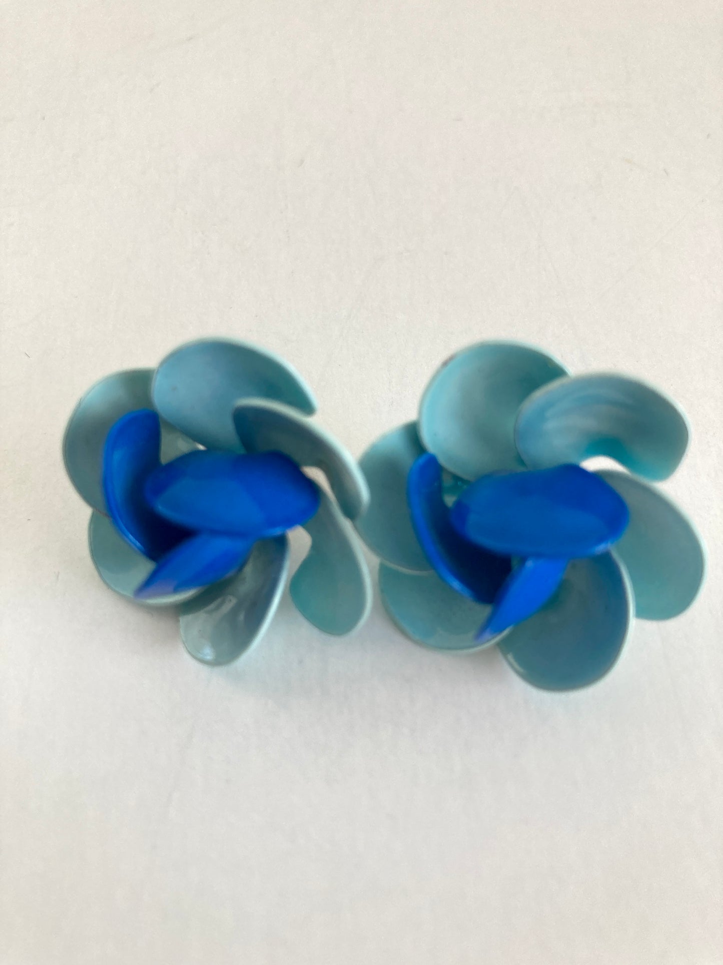 Two Tone Blue Enamel Flower Earrings Clip-on Style