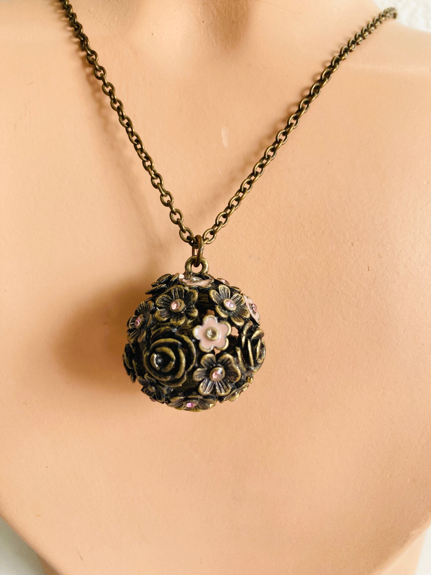 Flower Ball Pendant Necklace Bronze, Enamel, Rhinestone