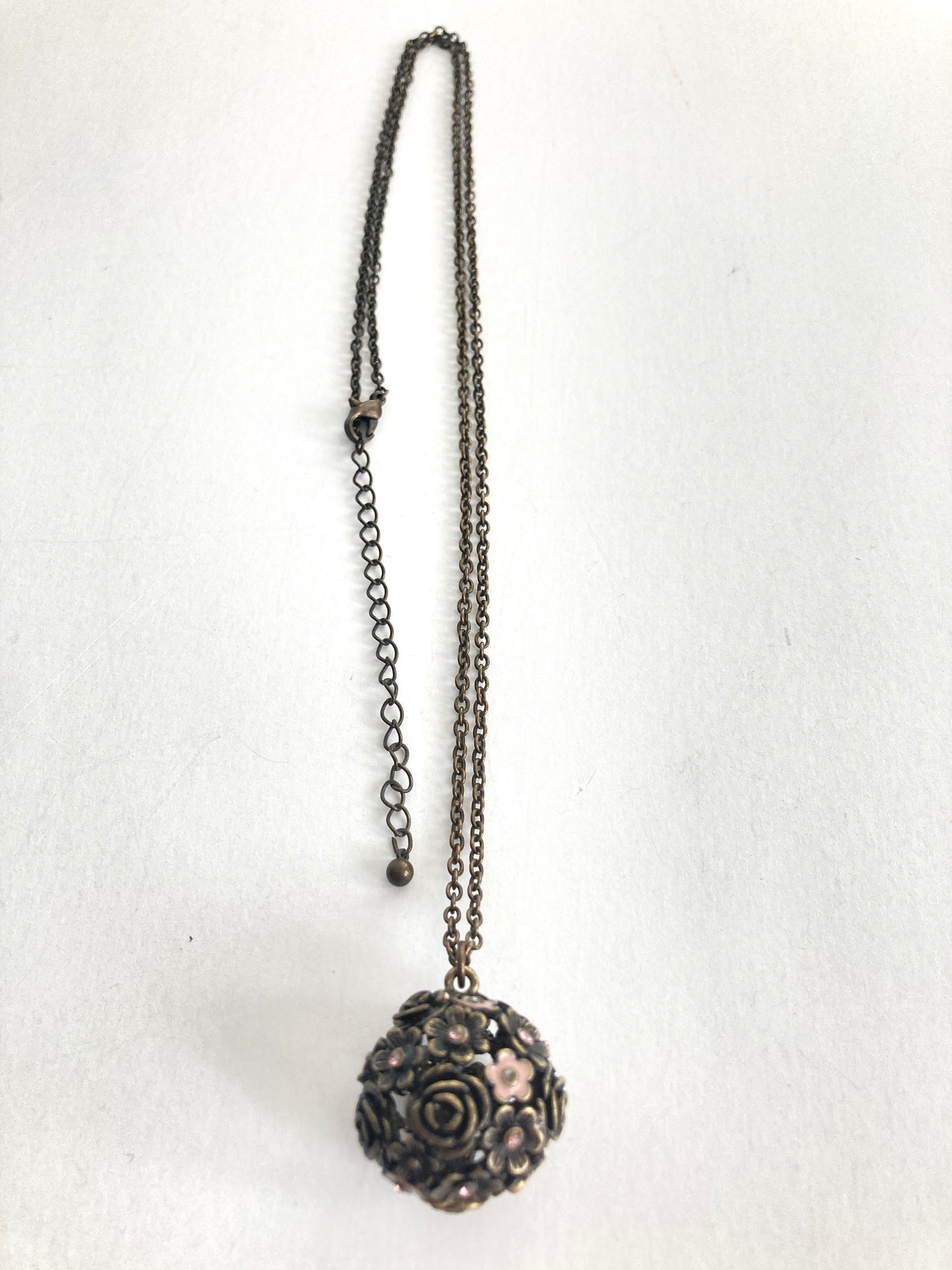 Flower Ball Pendant Necklace Bronze, Enamel, Rhinestone