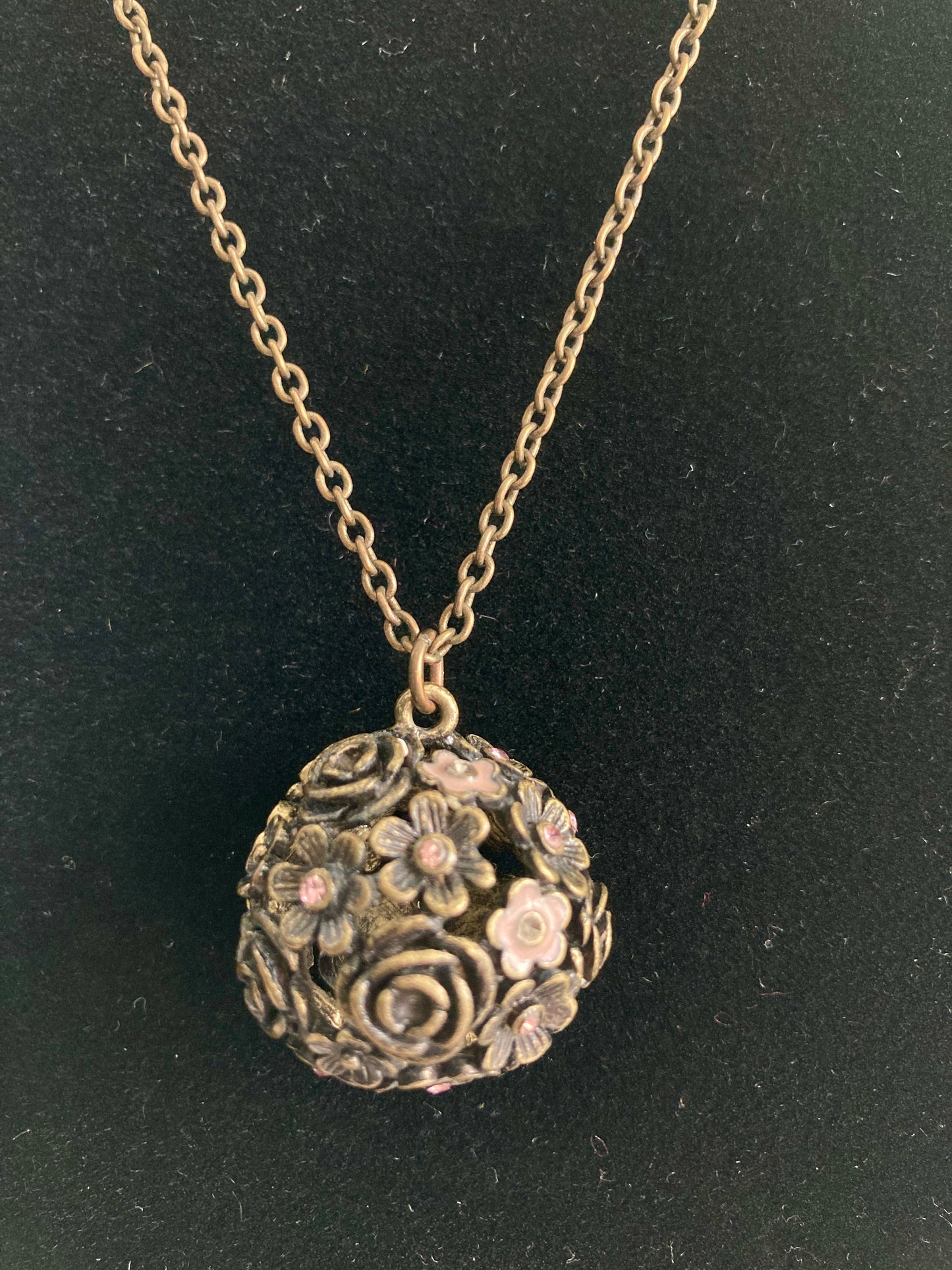 Flower Ball Pendant Necklace Bronze, Enamel, Rhinestone