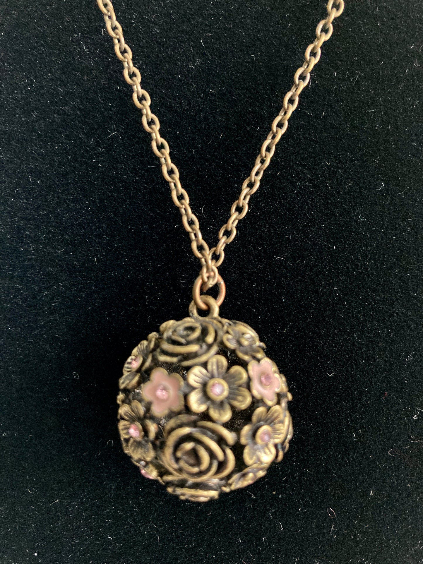 Flower Ball Pendant Necklace Bronze, Enamel, Rhinestone