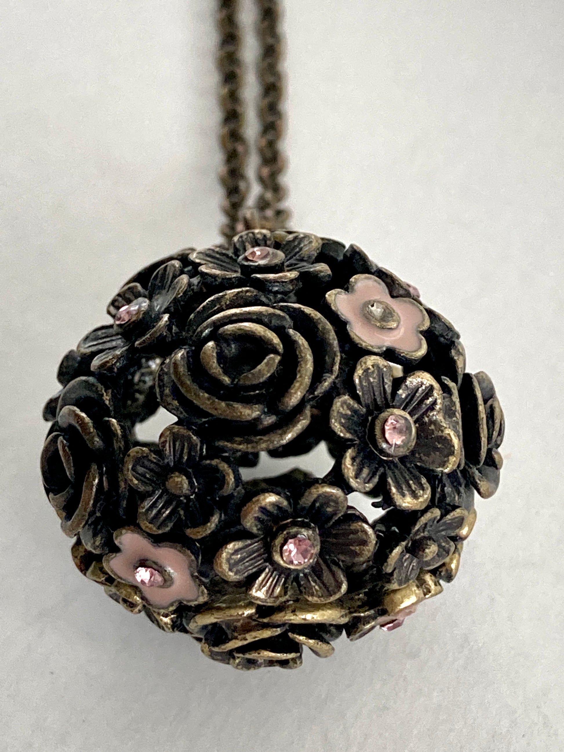 Flower Ball Pendant Necklace Bronze, Enamel, Rhinestone