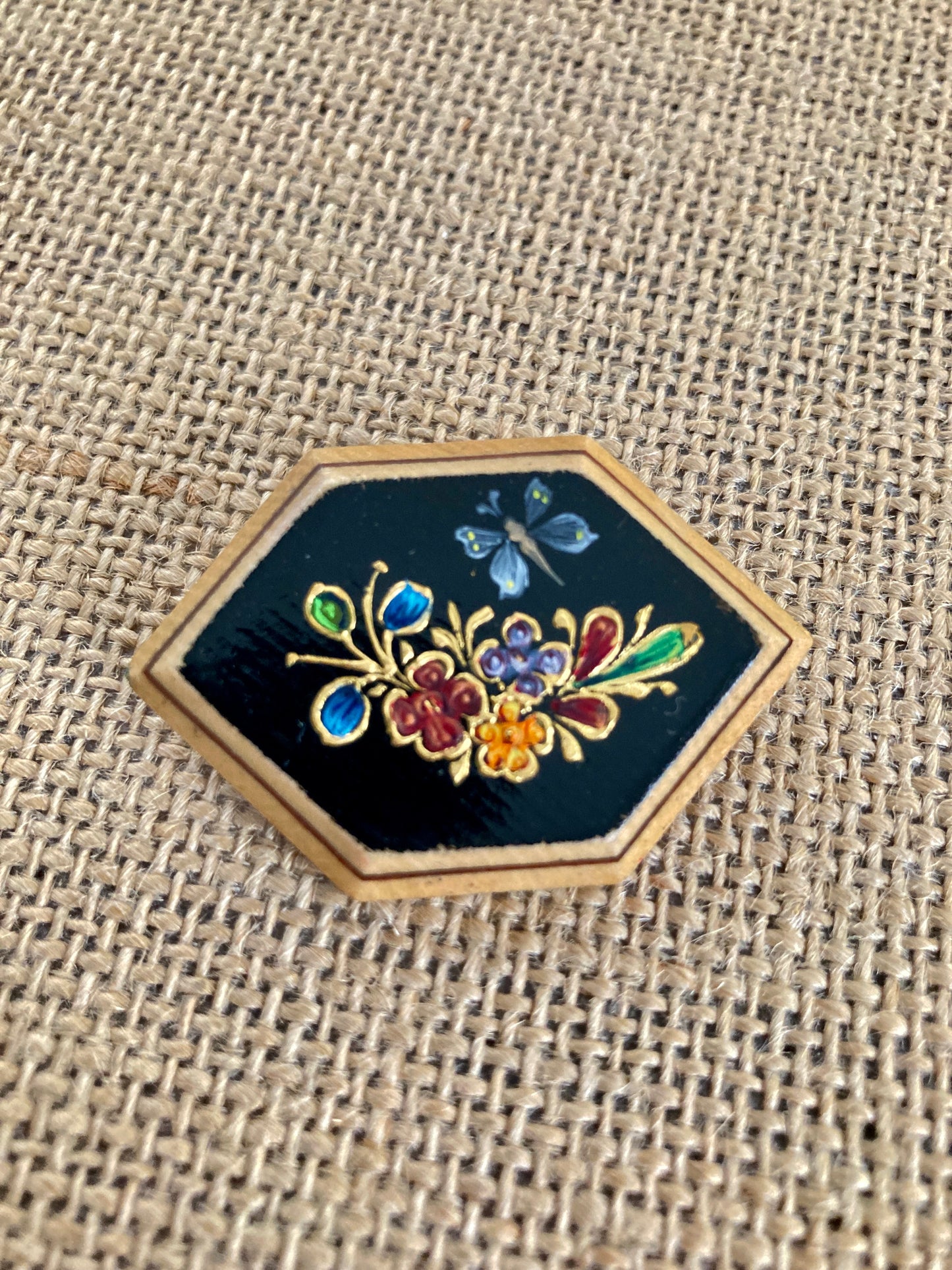 Hand Painted Floral Wood Brooch w/ Butterfly
