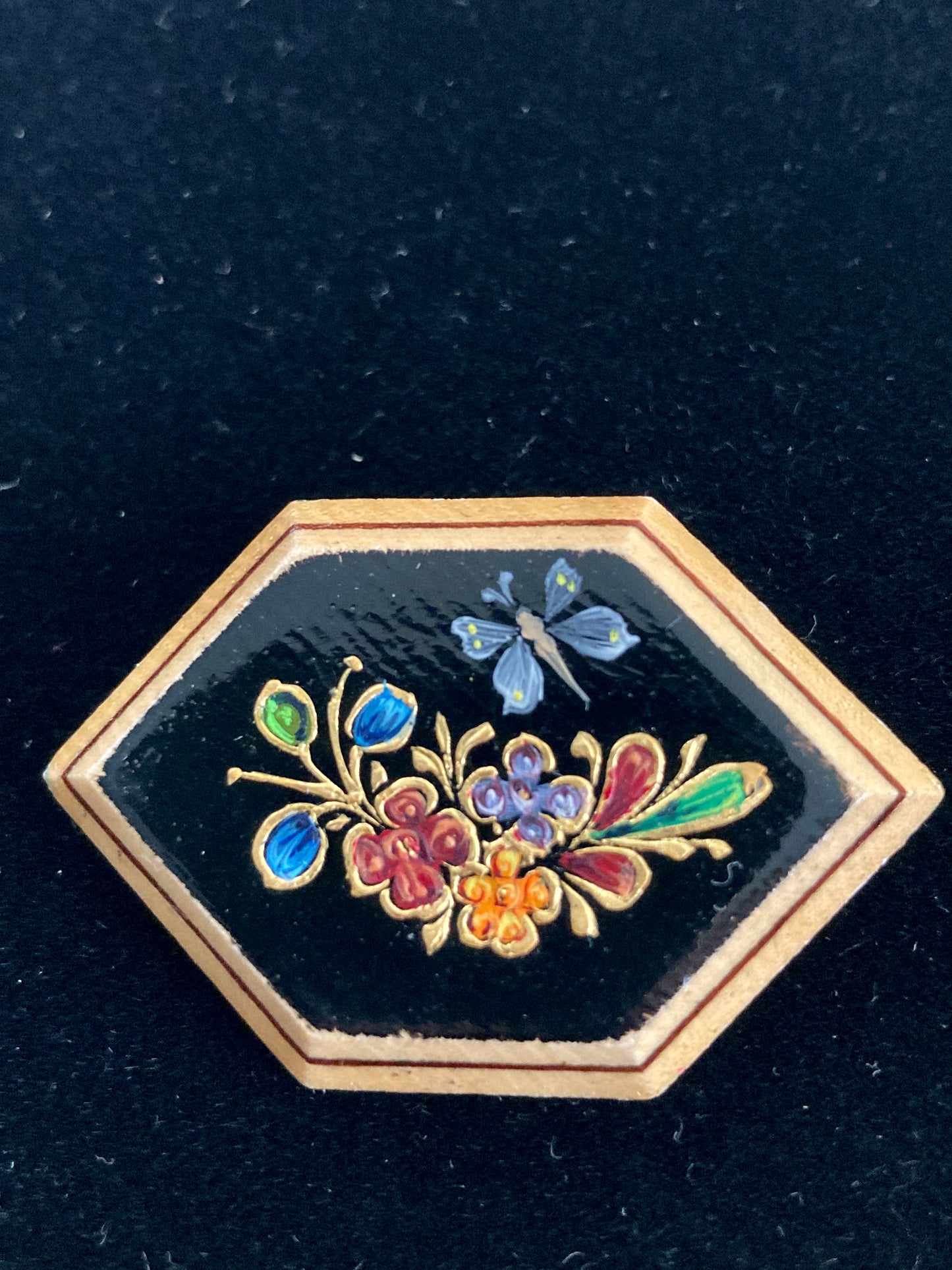 Hand Painted Floral Wood Brooch w/ Butterfly