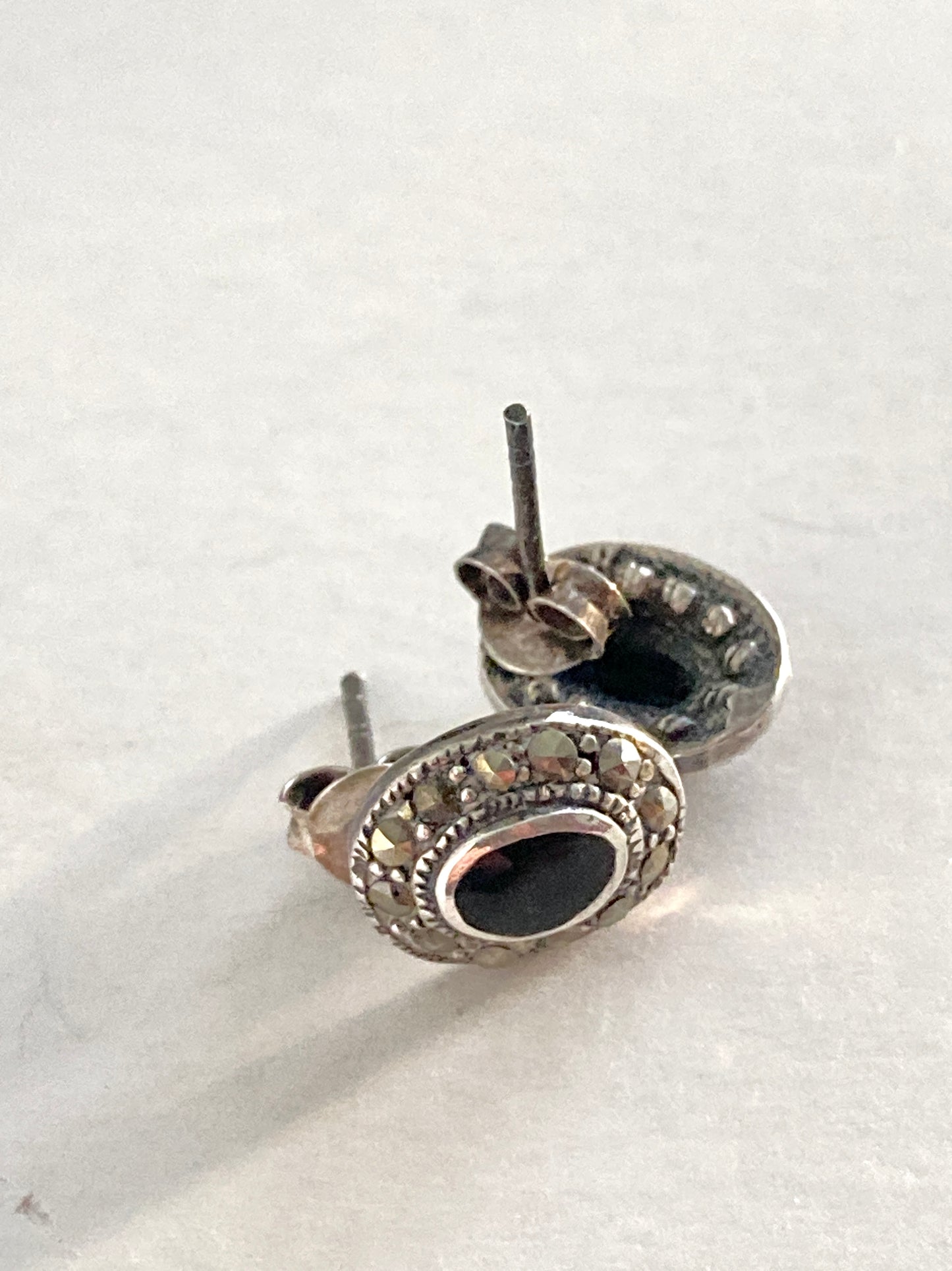 Tiny Sterling Onyx and Marcasite Earrings