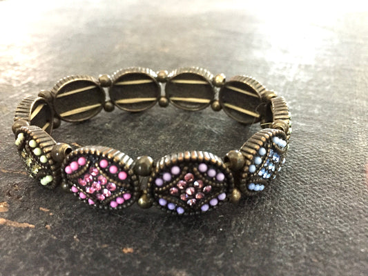 Brass Stretch Panel Bracelet with Pastel Colored Stones and Seed Beads