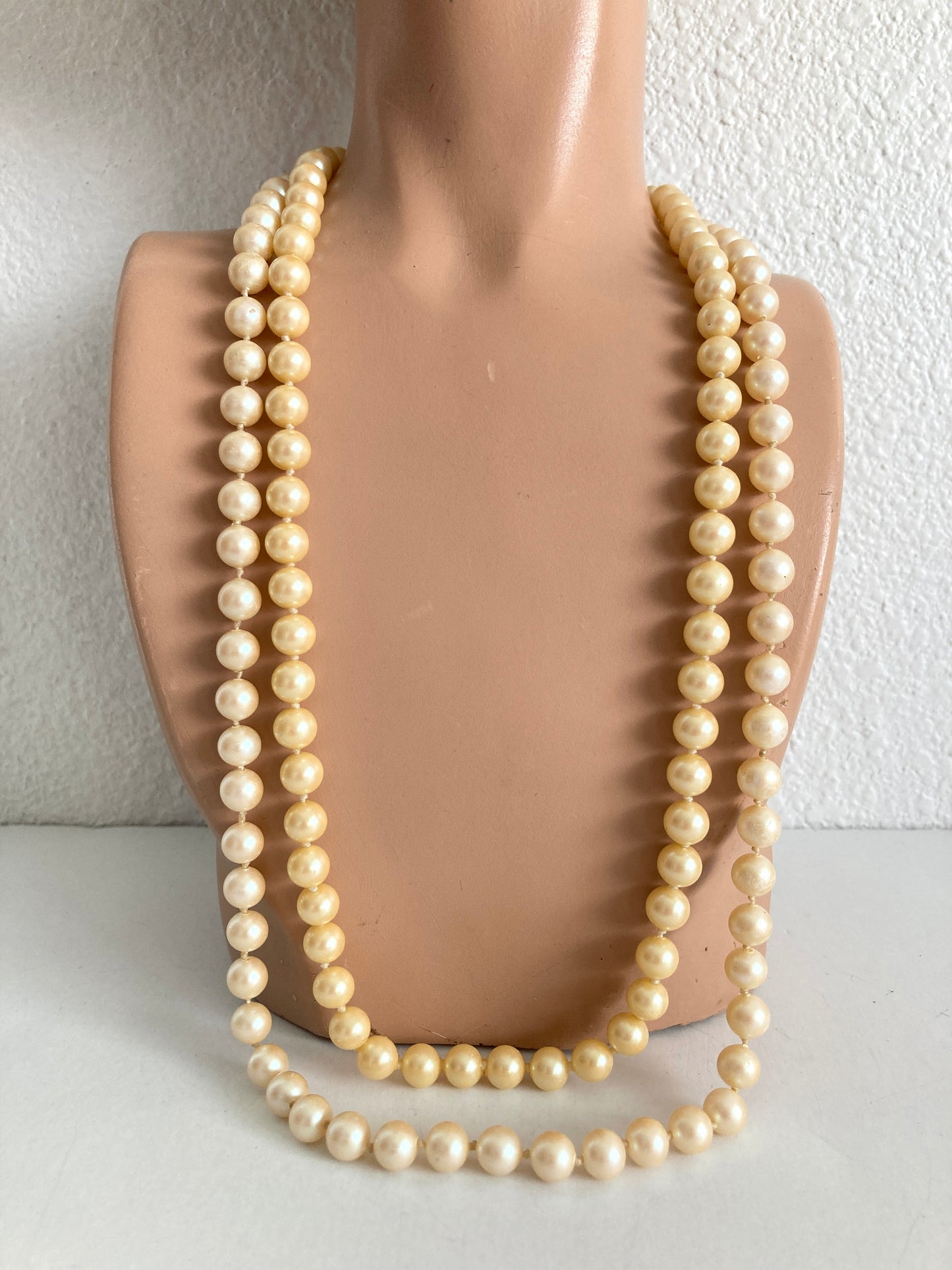Creamy 24"Knotted Glass Pearl Necklace Single Strand