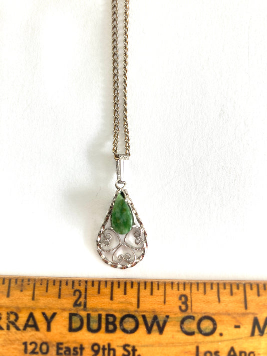 Sterling Silver Nephrite/Jadeite Filigree Teardrop Pendant Necklace