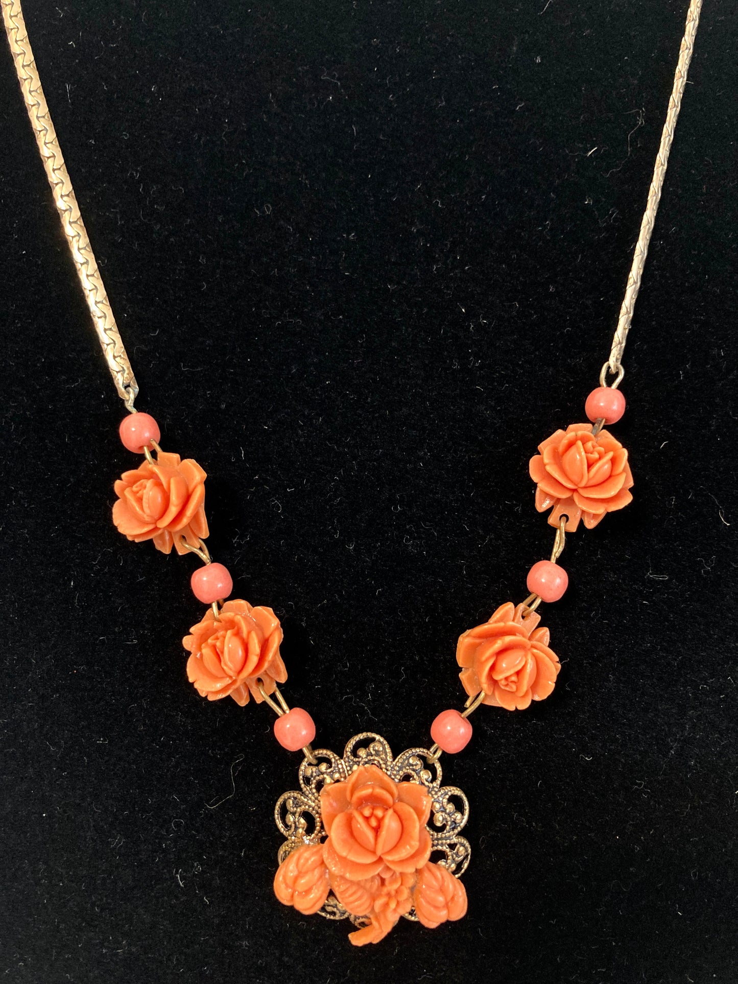 Celluloid Coral Colored Roses Necklace