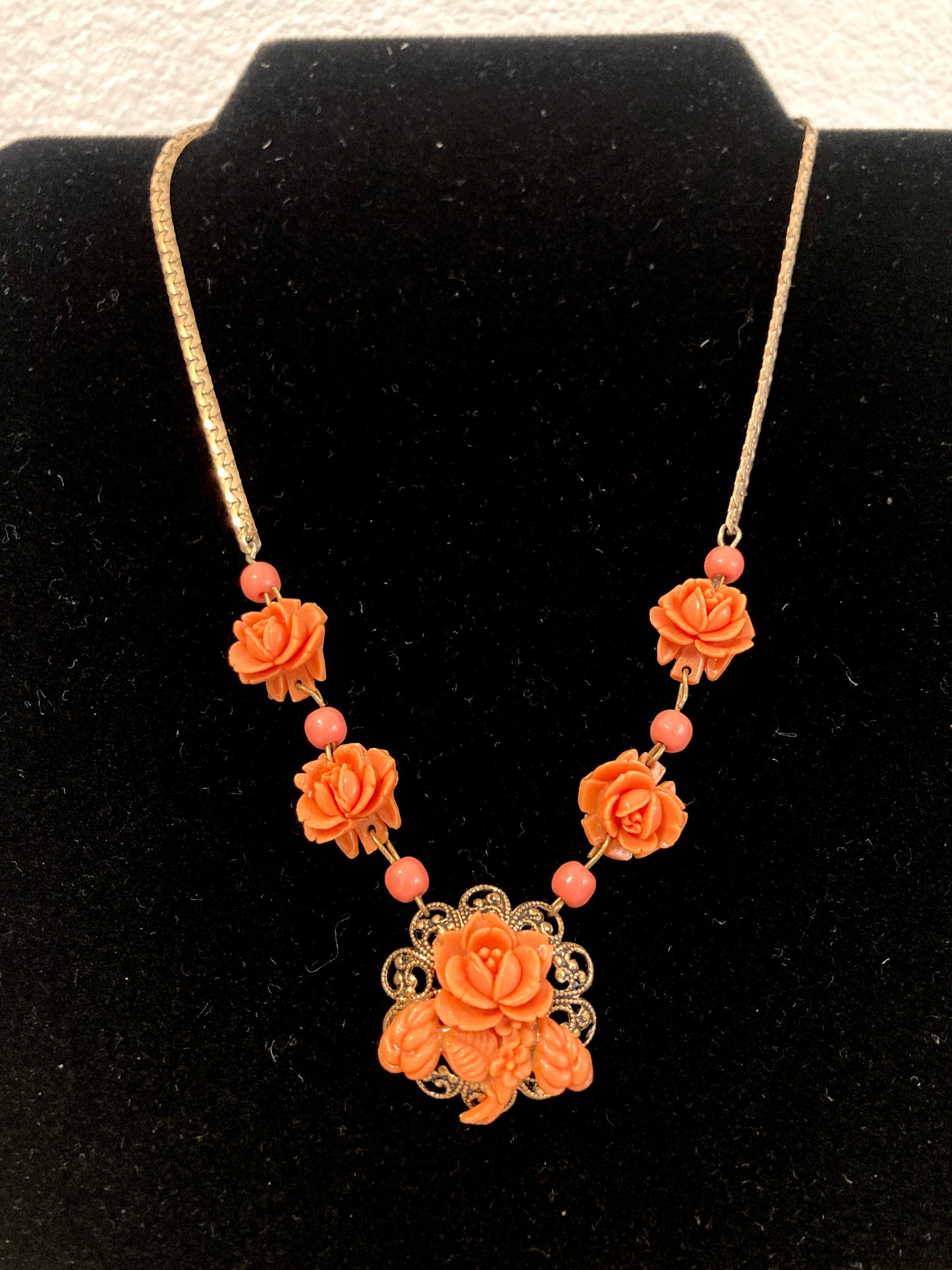 Celluloid Coral Colored Roses Necklace