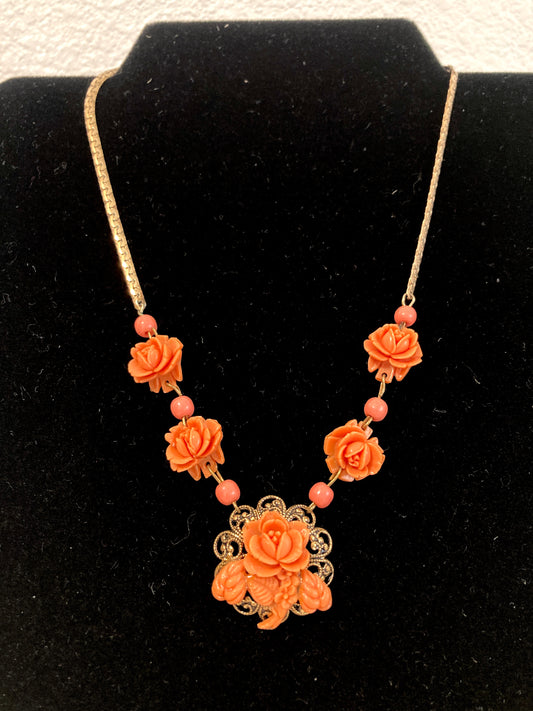 Celluloid Coral Roses Necklace