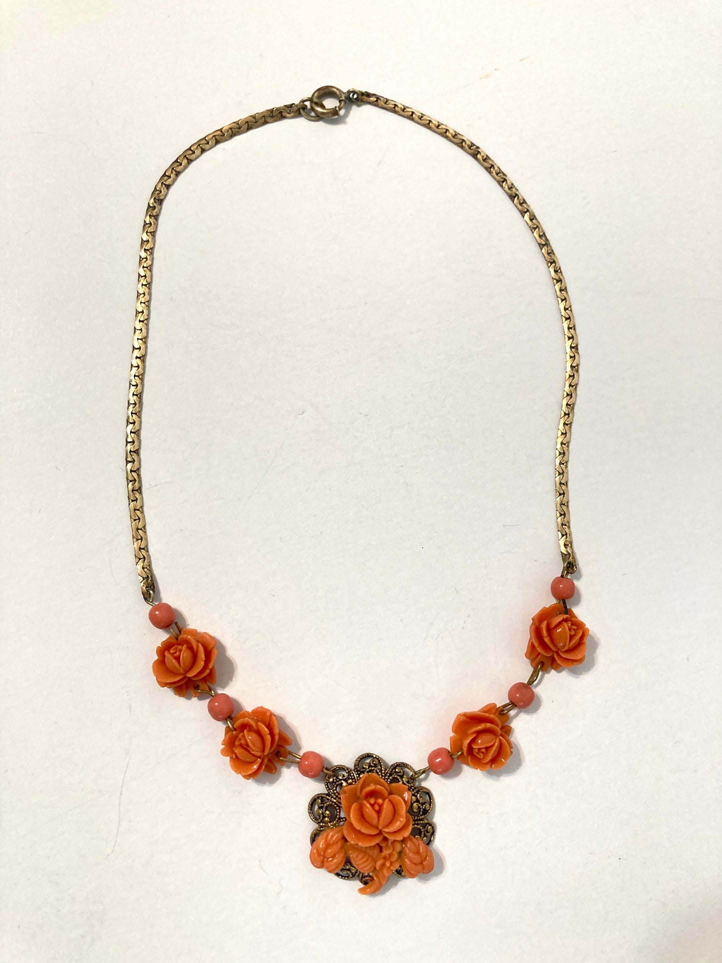 Celluloid Coral Colored Roses Necklace