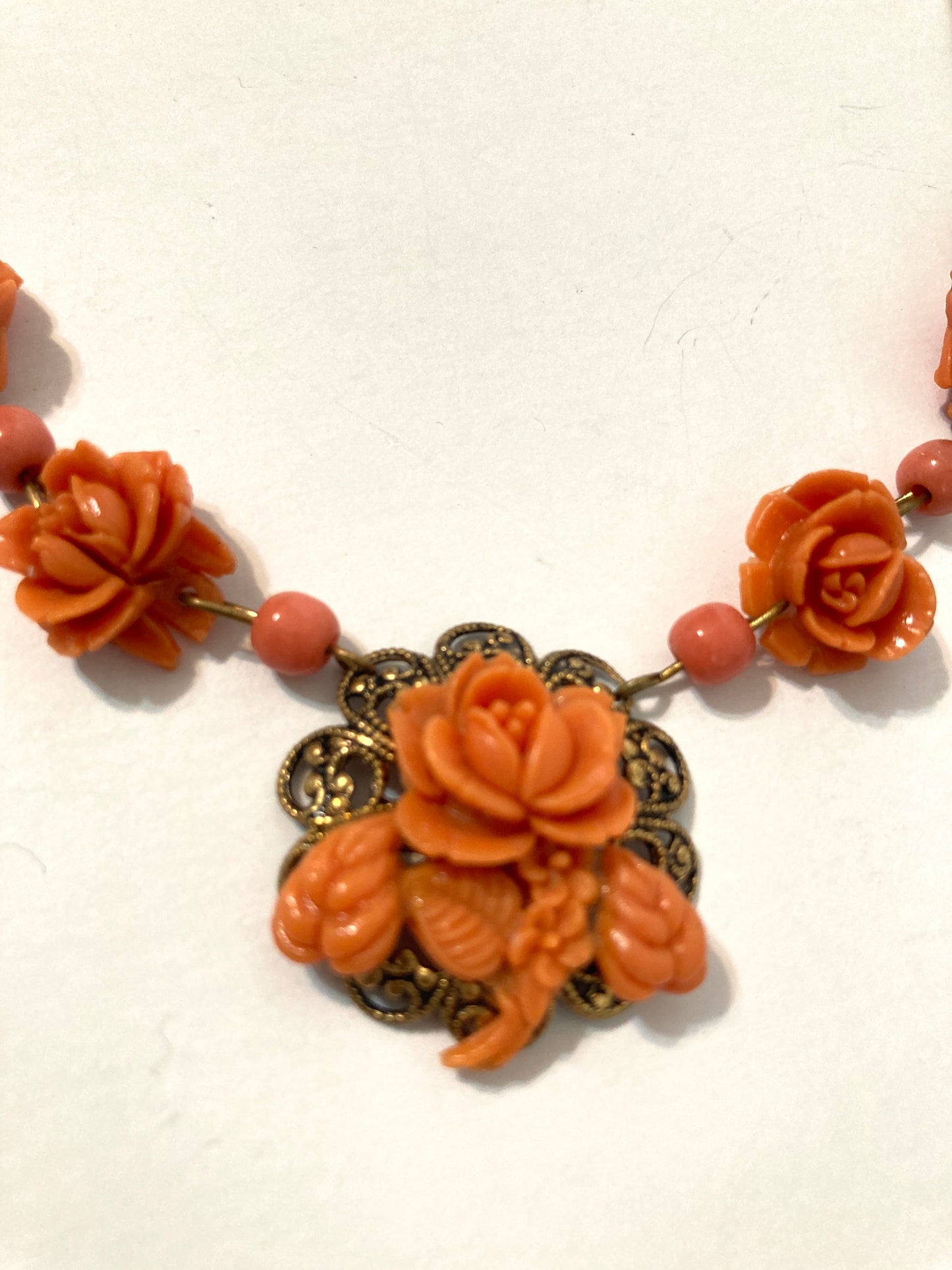 Celluloid Coral Colored Roses Necklace