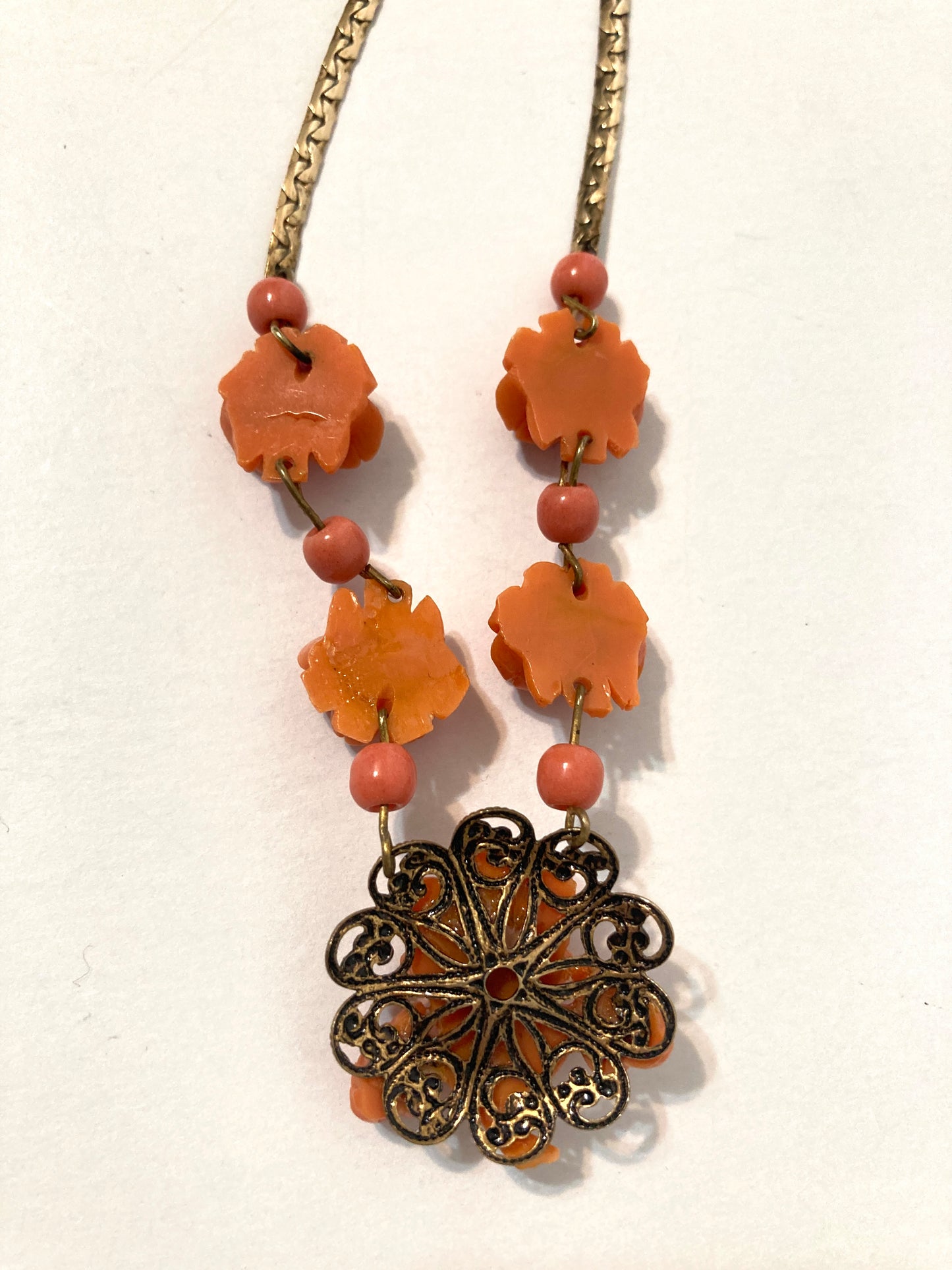 Celluloid Coral Colored Roses Necklace