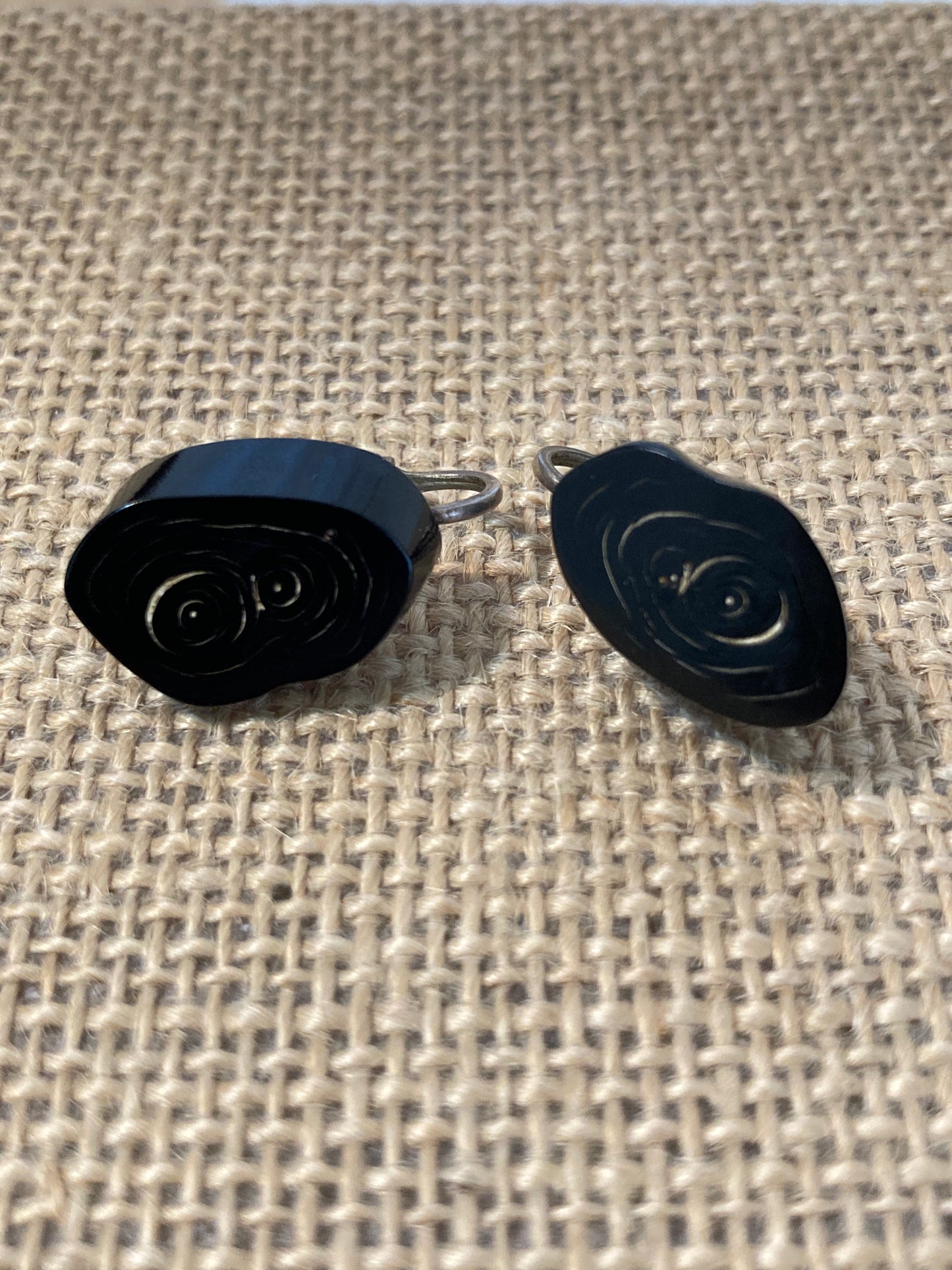 Black Coral Slice Earrings Marked Sterling