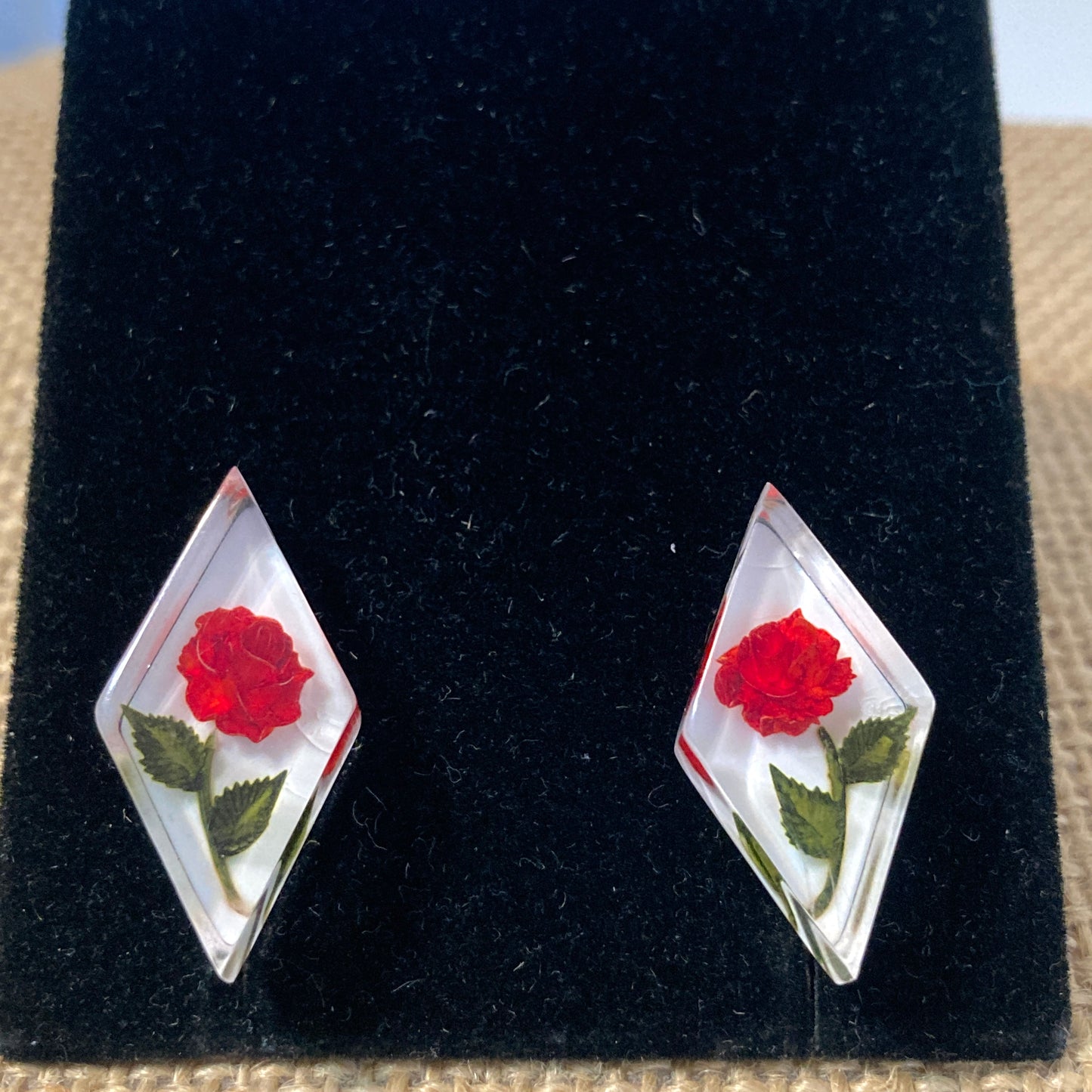 Reverse Carved Lucite Red Rose Earrings