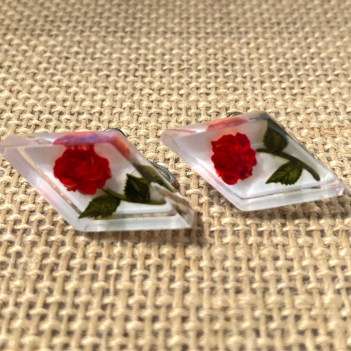 Reverse Carved Lucite Red Rose Earrings