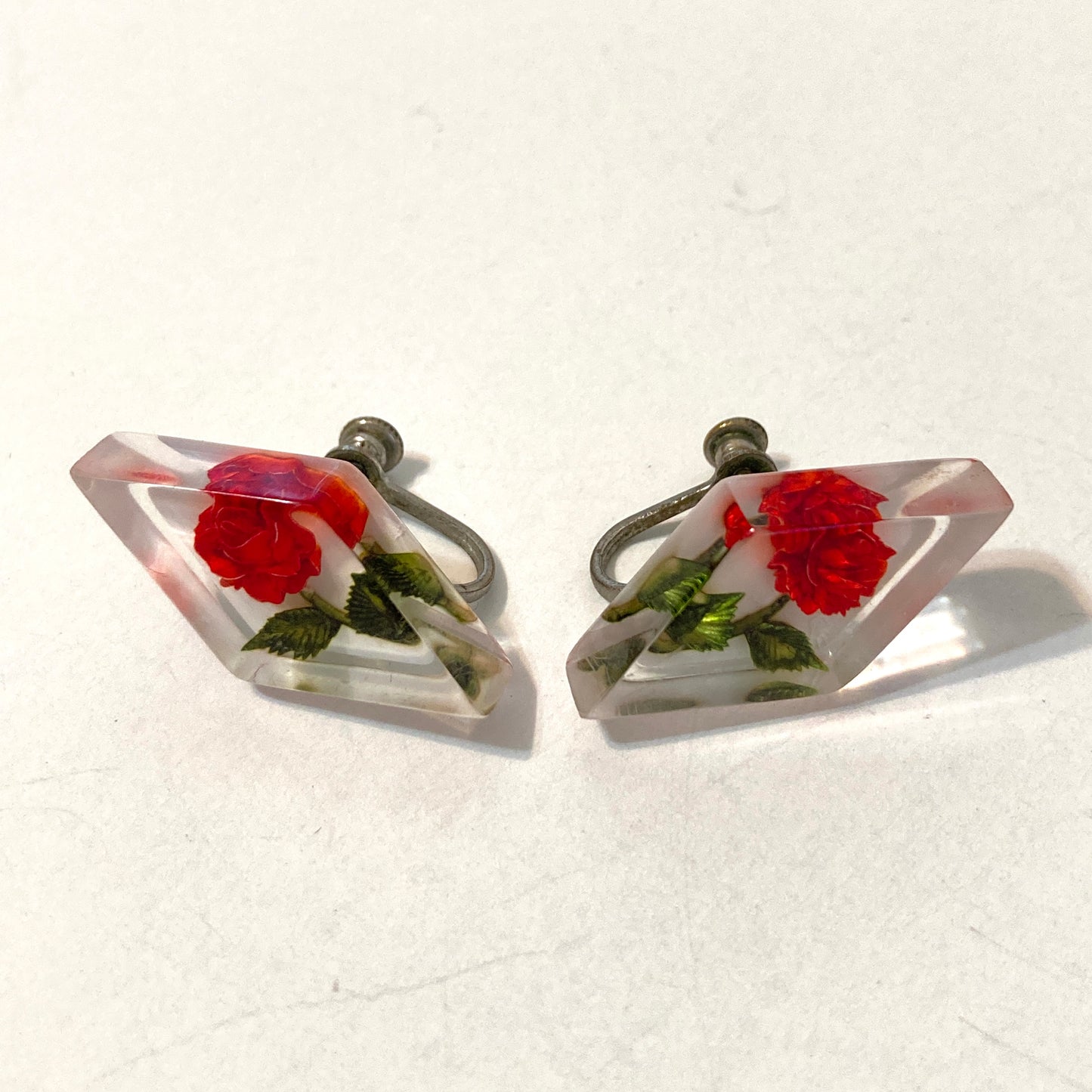 Reverse Carved Lucite Red Rose Earrings