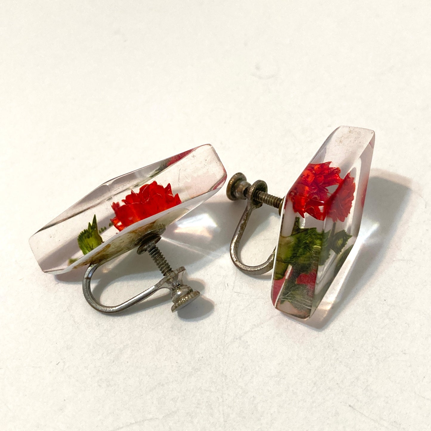 Reverse Carved Lucite Red Rose Earrings