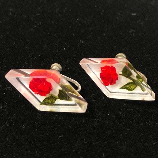 Reverse Carved Lucite Red Rose Earrings