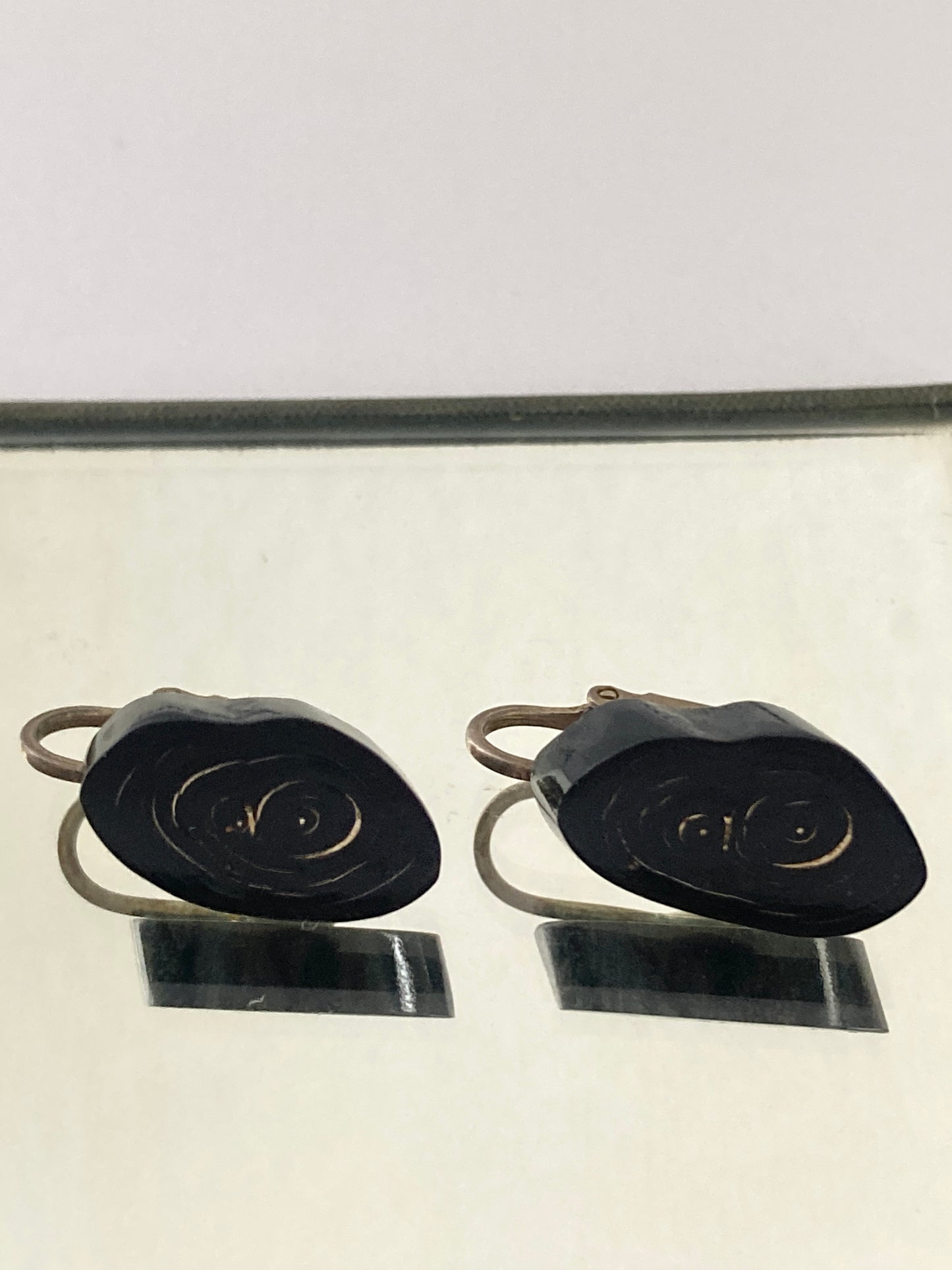 Black Coral Slice Earrings Marked Sterling