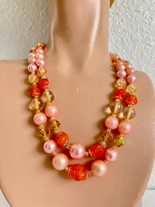 1950s Japan Pink, Orange, & Golden Double Strand Necklace